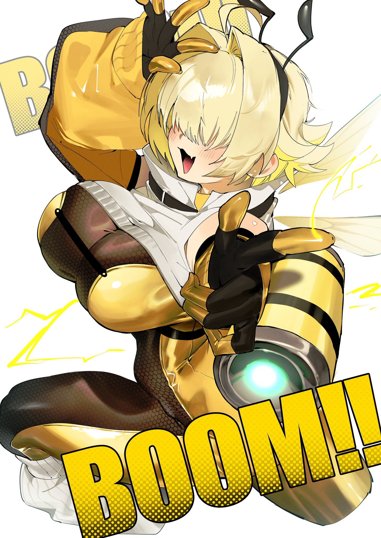 shishamo 712, elegg (nikke), goddess of victory: nikke, commentary, highres, symbol-only commentary, 1girl, ahoge, alternate costume, antennae, bee wings, black bodysuit, black gloves, blonde hair, blush, bodysuit, breasts, cropped legs, cropped sweater, electricity, english text, facing viewer, fake antennae, fang, feet out of frame, foreshortening, from side, gloves, gold gloves, hair intakes, hair over eyes, honeycomb (pattern), insect wings, jacket, large breasts, long bangs, loose socks, multicolored bodysuit, open clothes, open jacket, open mouth, orange jacket, pointing, pointing at viewer, short hair, simple background, skin fang, smile, socks, solo, sweater, turtleneck, turtleneck sweater, two-tone bodysuit, two-tone gloves, white background, white socks, white sweater, wings, yellow bodysuit