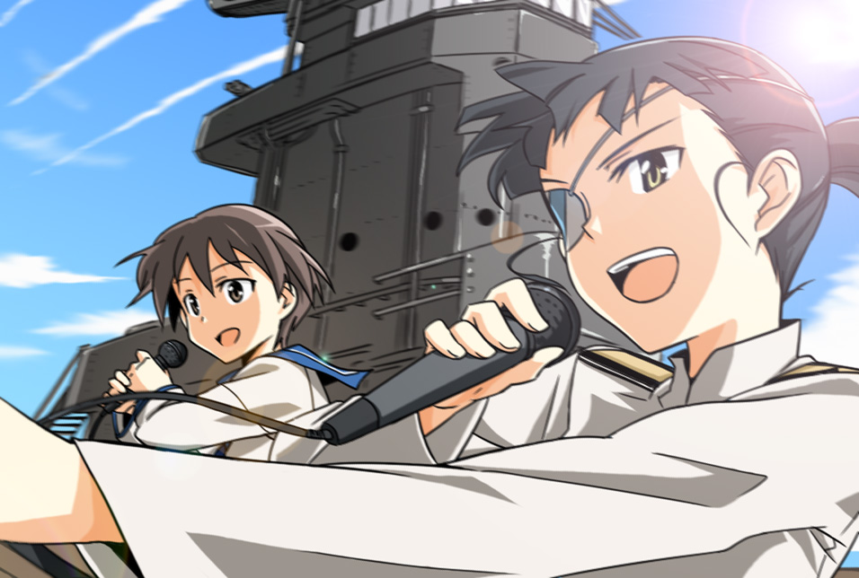 ningen (ningen96), miyafuji yoshika, sakamoto mio, strike witches, world witches series, bad id, bad pixiv id, 00s, 2girls, black hair, eyepatch, microphone, multiple girls, music, singing