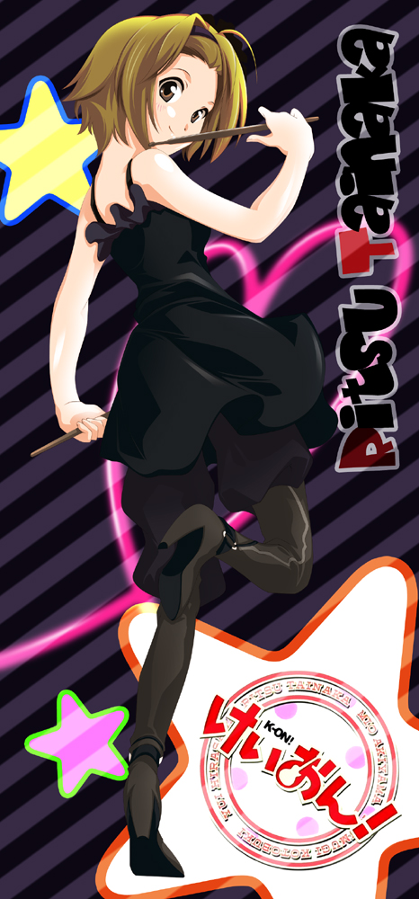 akaho sakura, tainaka ritsu, don't say "lazy", k-on!, bad id, bad pixiv id, 00s, 1girl, ahoge, boots, brown eyes, brown hair, character name, dress, female focus, full body, high heel boots, high heels, looking back, pantyhose, shoes, short hair, solo, standing, standing on one leg, thighhighs