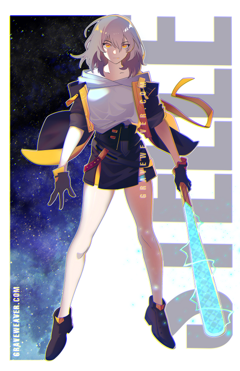 graveweaver, stelle (honkai: star rail), trailblazer (honkai: star rail), honkai: star rail, honkai (series), 1girl, baseball bat, black gloves, black jacket, black skirt, character name, double-parted bangs, electricity, full body, gloves, glowing, hair between eyes, holding, holding baseball bat, hood, hood down, hoodie, jacket, looking at viewer, outline, serious, sidelighting, skirt, sky, solo, spread legs, star (sky), starry sky, white hair, white hoodie, white outline, yellow eyes, yellow trim