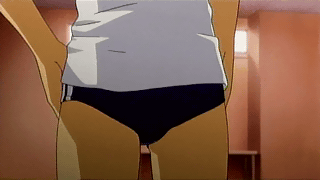shigure asa, shuffle!, animated, animated gif, anime screenshot, lowres, 00s, 1girl, buruma, female focus, green hair, gym uniform, panties, solo, striped clothes, striped panties, underwear, undressing