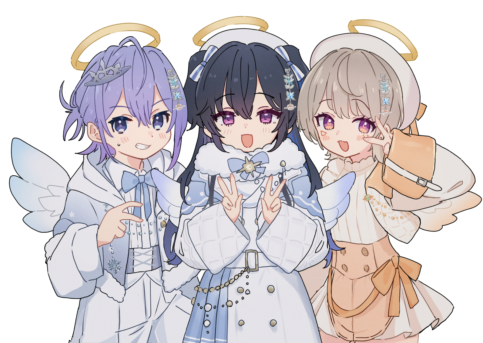 sasaki (glass1138), ichinose uruha, komori met, shirayuki reid, neo-porte, vspo!, commentary, 1boy, 2girls, black hair, blonde hair, blue eyes, blush, double w, facial mark, hair ornament, halo, hat, jacket, long sleeves, looking at viewer, multiple girls, open mouth, purple eyes, purple hair, shirt, simple background, sweatdrop, v, virtual youtuber, w, white background, wings