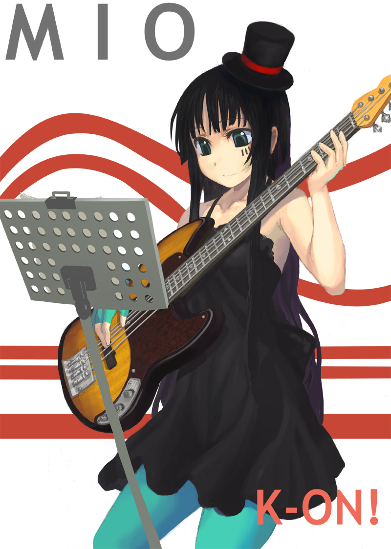 shirajira, akiyama mio, don't say "lazy", k-on!, bad id, bad pixiv id, 00s, 1girl, bass guitar, black hair, blue pantyhose, blunt bangs, dress, female focus, guitar, hat, hime cut, instrument, long hair, mini hat, mini top hat, music stand, pantyhose, solo, top hat