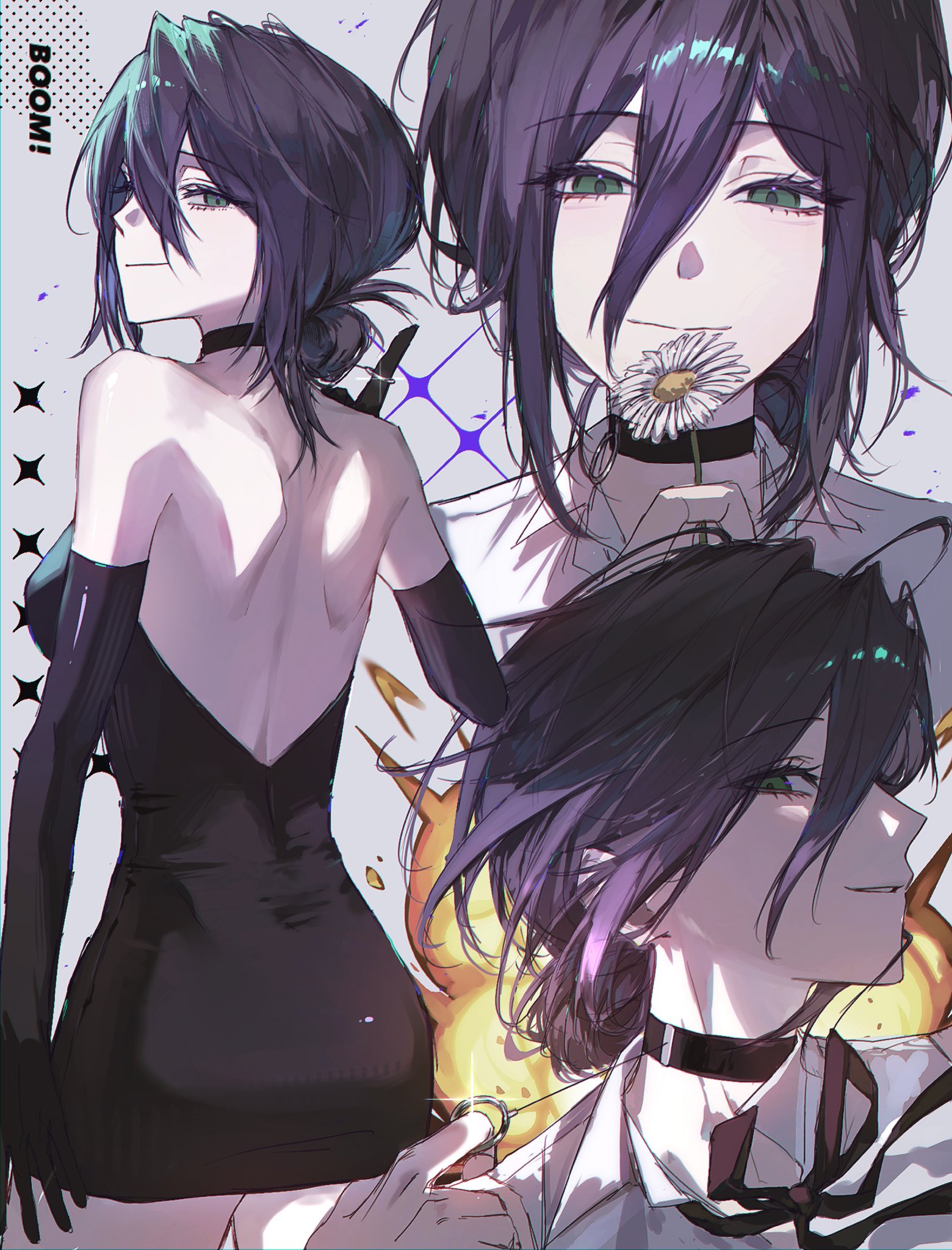 reze (chainsaw man), chainsaw man, commentary, highres, 1girl, bare shoulders, black choker, black dress, black gloves, black hair, black ribbon, choker, closed mouth, dress, elbow gloves, english text, flower, gloves, green eyes, grenade pin, hair between eyes, hair bun, holding, holding flower, ky 2760, long hair between eyes, looking at viewer, looking back, medium hair, multiple views, neck ribbon, parted lips, profile, ribbon, shirt, shoulder blades, sleeveless, sleeveless dress, sleeveless shirt, white flower, white shirt