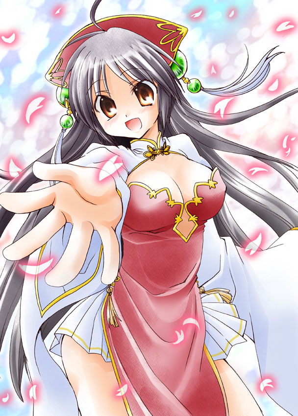 takaha momo, original, bad id, bad pixiv id, 1girl, black hair, breasts, china dress, chinese clothes, cleavage, dress, female focus, large breasts, long hair, orange eyes, solo