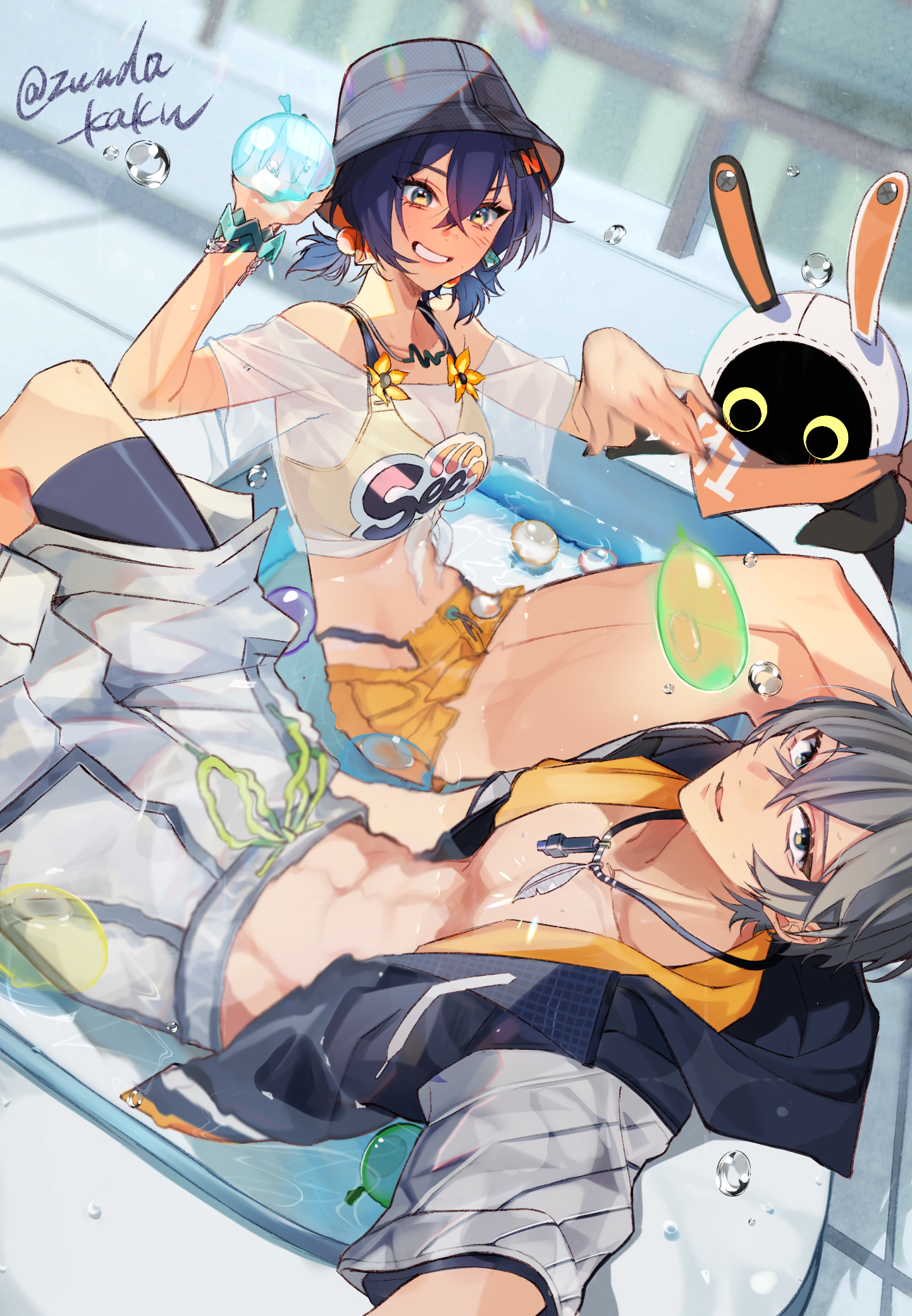 zunda kaku, bangboo (zenless zone zero), belle (summer skies) (zenless zone zero), belle (zenless zone zero), eous (zenless zone zero), wise (peaceful waves) (zenless zone zero), wise (zenless zone zero), zenless zone zero, highres, 1boy, 1girl, artist name, bandana, bandana around neck, bikini, bikini bottom under shorts, bikini top under shirt, bikini under clothes, black wetsuit, blue eyes, blue wetsuit, blush, bracelet, brother and sister, bucket hat, crop top, crossed bangs, fish hat, green eyes, grey hair, grey male swimwear, hair ornament, hat, jewelry, letter hair ornament, looking at viewer, male swimwear, off-shoulder shirt, off shoulder, official alternate costume, official alternate hairstyle, orange bandana, orange bikini, orange shorts, partially submerged, see-through clothes, selfie, shirt, short twintails, shorts, siblings, smile, sphere hair ornament, swimsuit, throwing, tied shirt, twintails, twitter username, two-tone one-piece swimsuit, water balloon, water drop