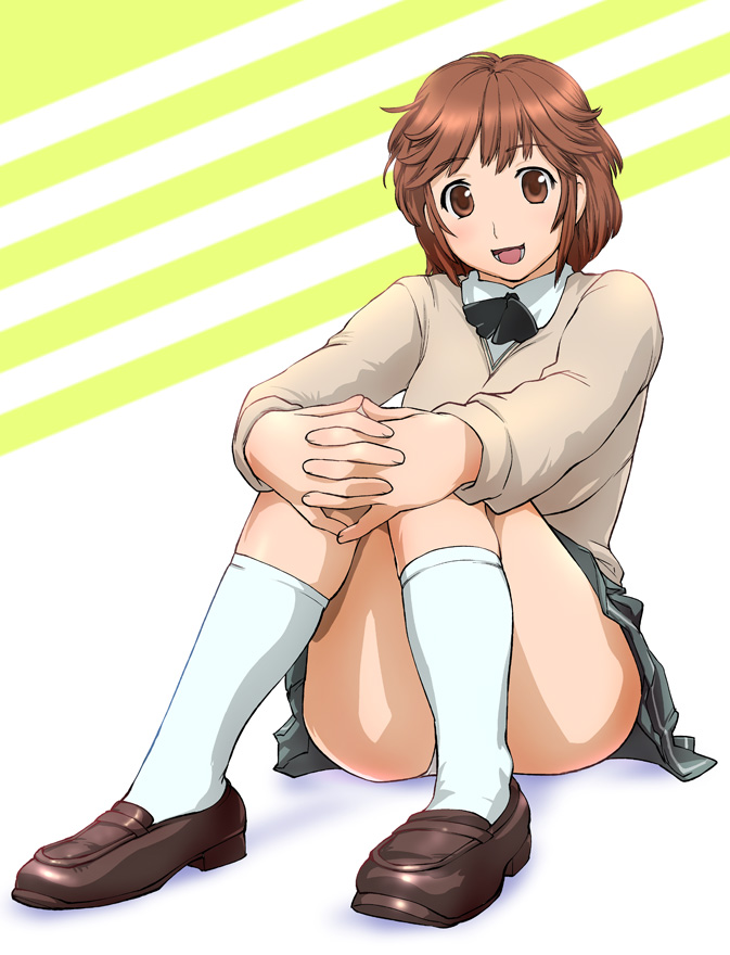 ueyama michirou, sakurai rihoko, amagami, ass, bow, brown eyes, brown hair, laughing, loafers, messy hair, miniskirt, panties, pantyshot, school uniform, shoes, short hair, sitting, skirt, smile, socks, solo, sweater, underwear, white socks