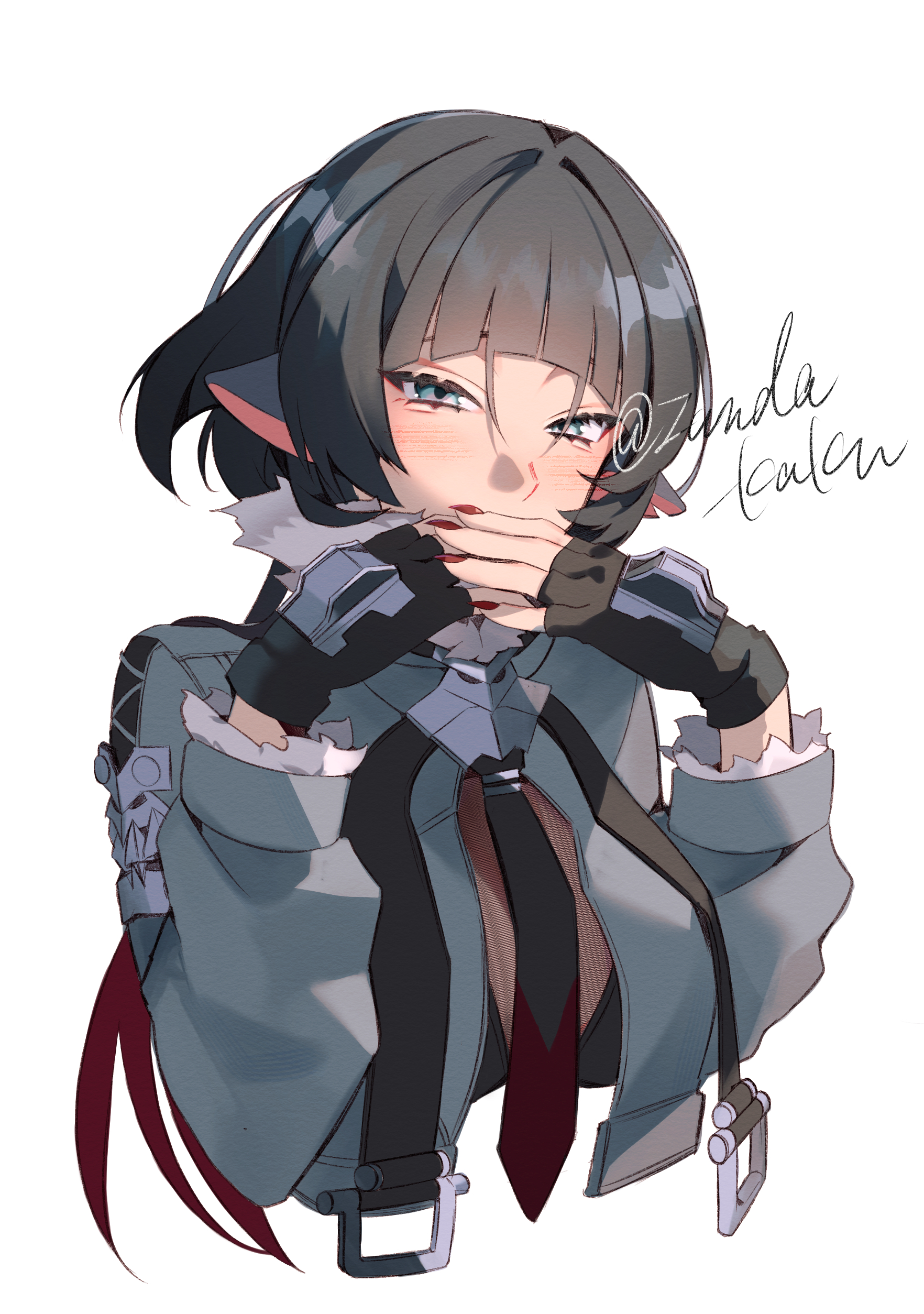 zunda kaku, jane doe (zenless zone zero), zenless zone zero, absurdres, highres, 1girl, animal ears, artist name, black bra, black gloves, black hair, blue eyes, blush, bra, breasts, covering own mouth, fingerless gloves, fishnet top, fishnets, fur-trimmed jacket, fur trim, gloves, grey jacket, hair between eyes, hair over one eye, jacket, long hair, looking at viewer, mouse ears, mouse girl, multicolored hair, necktie, red hair, red nails, see-through clothes, simple background, solo, twitter username, two-tone necktie, underwear, upper body, white background