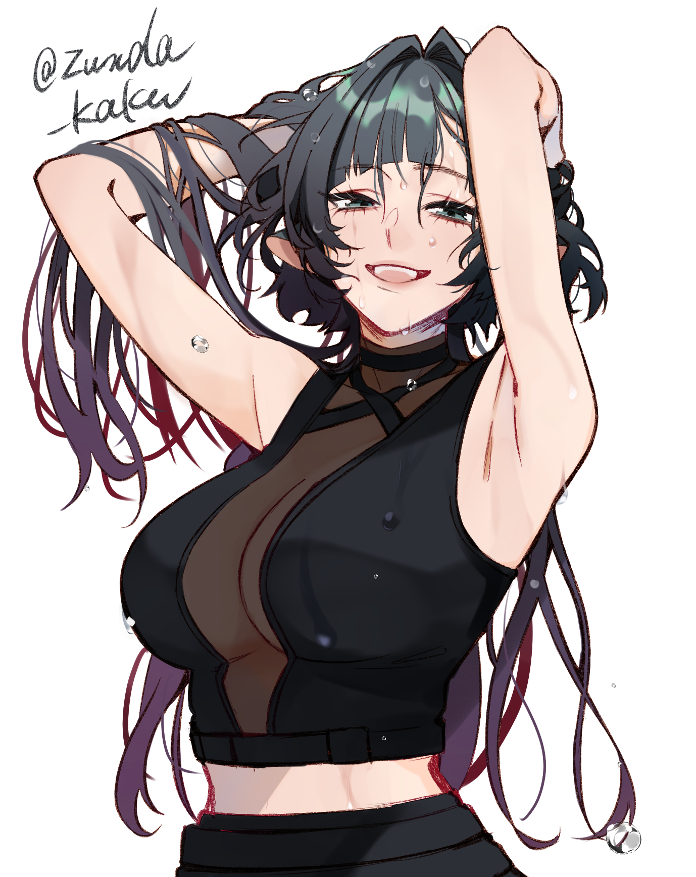 zunda kaku, jane doe (zenless zone zero), zenless zone zero, highres, 1girl, adjusting hair, animal ears, armpits, arms up, artist name, breasts, cleavage, gradient hair, hair lift, hand in own hair, hands in own hair, large breasts, long hair, mouse ears, mouse girl, multicolored hair, see-through cleavage, see-through clothes, simple background, solo, twitter username, upper body, wet, wet hair, white background
