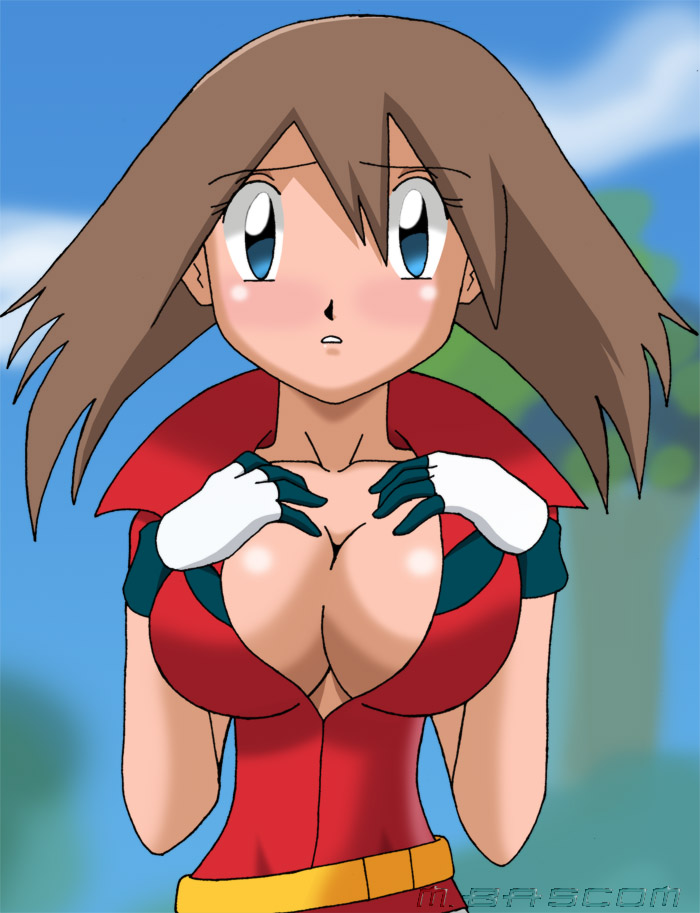 crosscutter, may (pokemon), nintendo, pokemon, 1girl, breasts, cleavage, female focus, huge breasts, solo