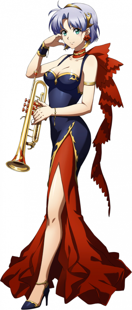 sherry (langrisser), langrisser, langrisser ii, langrisser mobile, game cg, official art, third-party source, 1girl, anklet, aqua eyes, armlet, bare arms, bare shoulders, blue dress, blue shoes, bracelet, breasts, choker, cleavage, closed mouth, curtained hair, dress, earrings, flower earrings, full body, gold trim, grey hair, hair ornament, hand on own face, high heels, holding, holding instrument, instrument, jewelry, layered dress, looking at viewer, medium breasts, official alternate costume, pumps, red choker, red dress, ribbon, shoes, short hair, side slit, simple background, sleeveless, sleeveless dress, smile, solo, standing, tachi-e, transparent background, trumpet