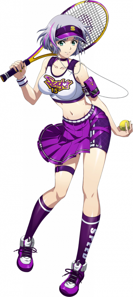sherry (langrisser), langrisser, langrisser ii, langrisser mobile, game cg, official art, third-party source, 1girl, aqua eyes, ball, bare shoulders, bike shorts, breasts, choker, closed mouth, clothes writing, collarbone, cropped shirt, digital media player, earbuds, earphones, floating clothes, full body, grey hair, headphones, holding, holding ball, kneehighs, large breasts, leg up, looking at viewer, midriff, multicolored hair, navel, official alternate costume, over shoulder, pleated skirt, purple shoes, purple shorts, purple skirt, purple socks, purple streaks, purple trim, purple visor, racket, shirt, shoes, short hair, short shorts, shorts, shorts under skirt, simple background, skirt, sleeveless, sleeveless shirt, smile, sneakers, socks, solo, sportswear, standing, standing on one leg, streaked hair, sweat, tachi-e, tank top, tennis ball, tennis racket, tennis uniform, thigh strap, transparent background, visor cap, white shirt, wristband