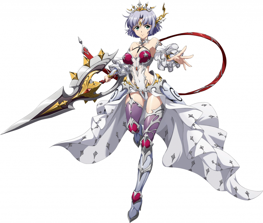 sherry (langrisser), langrisser, langrisser ii, langrisser mobile, game cg, official art, third-party source, 1girl, armor, armored boots, bare shoulders, boots, bracer, breasts, circlet, cleavage, closed mouth, covered navel, curtained hair, detached sleeves, faulds, floating clothes, full body, garter straps, grey hair, hair ornament, holding, holding sword, holding weapon, large breasts, leg up, leotard, looking at viewer, official alternate costume, outstretched arm, outstretched hand, puffy sleeves, purple thighhighs, red straps, serious, short hair, showgirl skirt, sideless leotard, sideless outfit, simple background, skirt, solo, standing, standing on one leg, strap, sword, tachi-e, thigh armor, thighhighs, tiara, transparent background, weapon, white leotard, white skirt, white sleeves