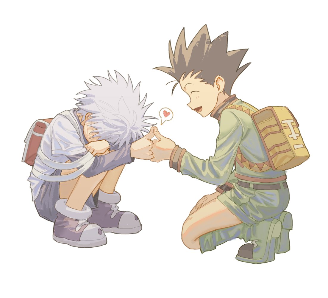 goodkids 1, gon freecss, killua zoldyck, hunter x hunter, commentary request, 2boys, backpack, bag, black hair, blush, boots, closed eyes, embarrassed, from side, full body, green boots, green shorts, grey shorts, heart, long sleeves, male focus, multiple boys, short hair, shorts, simple background, spoken heart, squatting, thumb kiss, white background, white hair, yaoi
