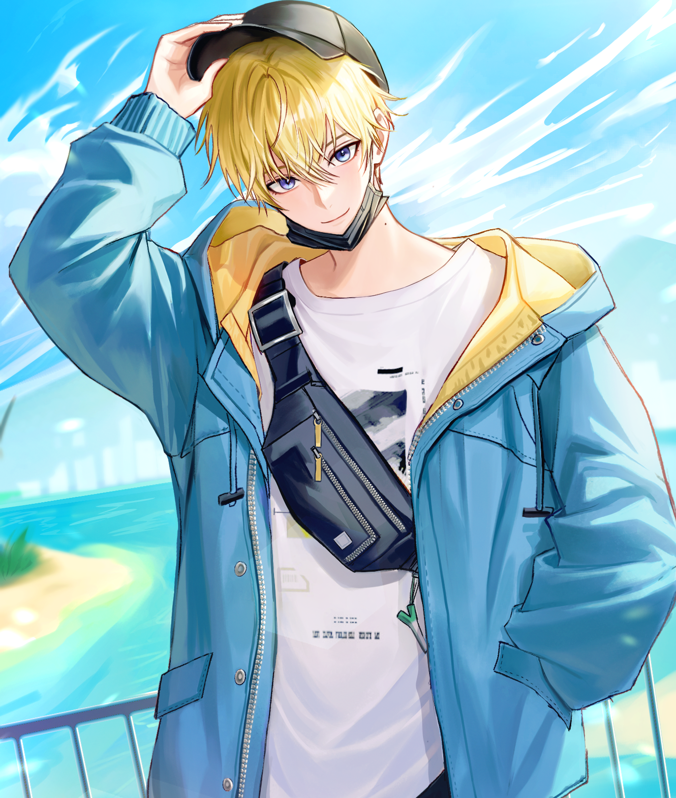 pponnya, genshin impact, character request, commentary, highres, 1boy, black hat, blonde hair, blue eyes, blue jacket, blue sky, closed mouth, cloud, day, hair between eyes, hand on headwear, hat, jacket, long sleeves, looking at viewer, male focus, mask, mouth mask, open clothes, open jacket, outdoors, shirt, short hair, sky, smile, solo, upper body, white shirt