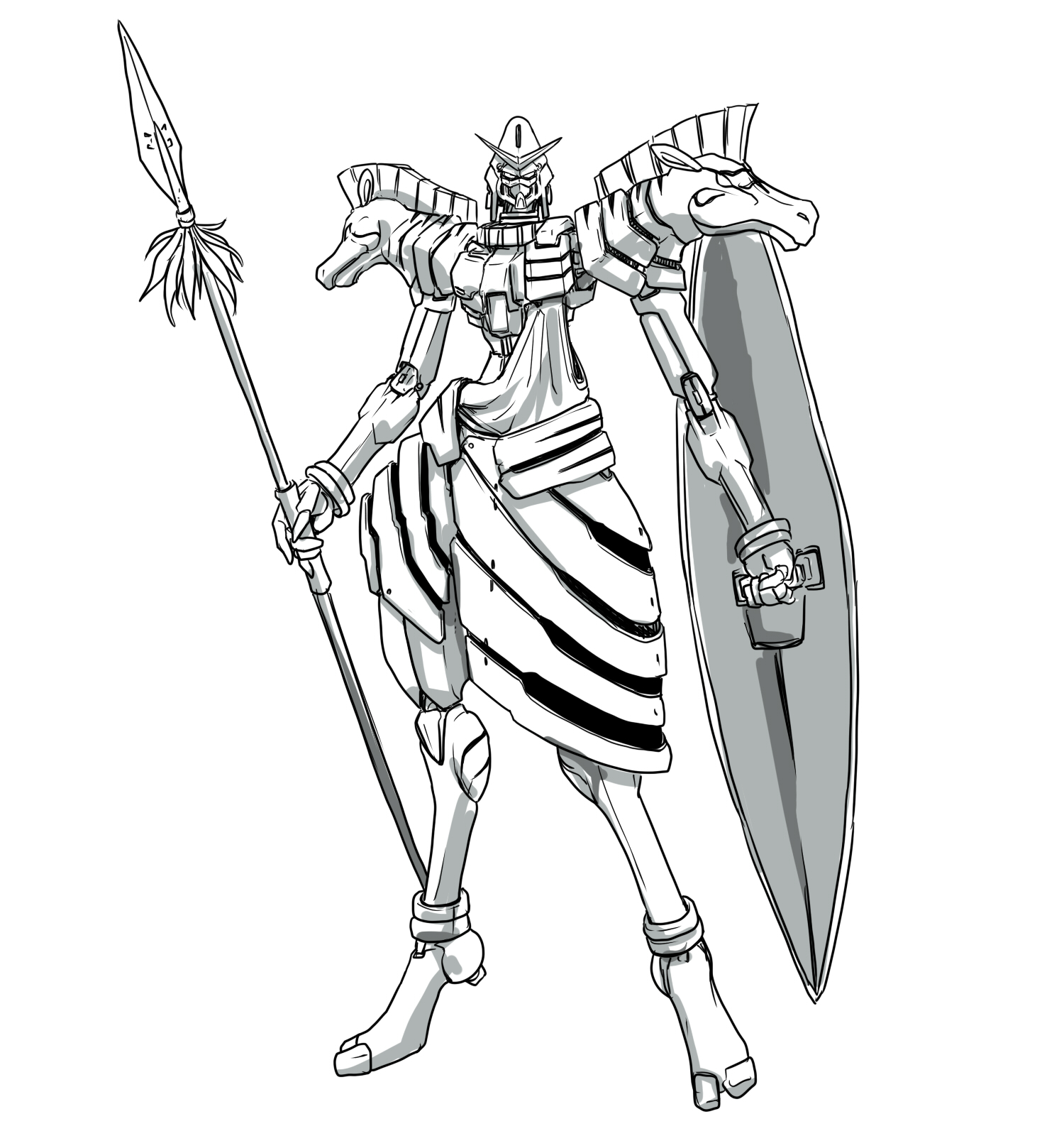 ledjoker07, gundam zebra, g gundam, gundam, commentary request, highres, alternate form, armor, full body, greyscale, holding, holding polearm, holding shield, holding weapon, joints, looking at viewer, mecha, mobile suit, monochrome, no humans, no pupils, polearm, robot, robot joints, science fiction, shield, shoulder armor, simple background, solo, spear, standing, v-fin, weapon, white background