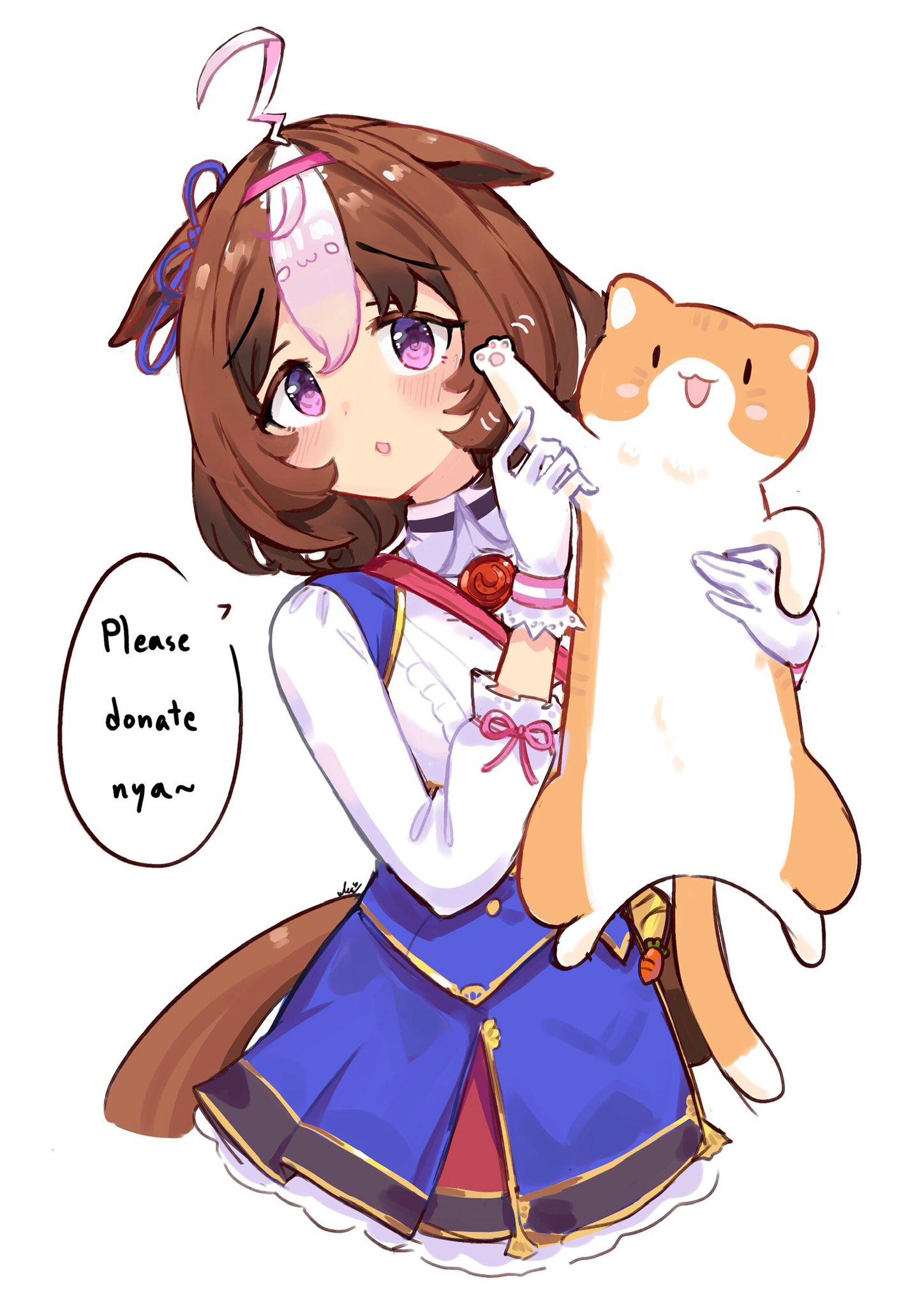 ukichan22905846, meisho doto (turbulent blue) (umamusume), meisho doto (umamusume), meto (cat), umamusume, highres, 1girl, ahoge, animal, animal ears, bag, between breasts, blue dress, blush, bow, breasts, brown hair, cat, double-parted bangs, dress, ear ribbon, english text, gloves, hair between eyes, hairband, headband, holding, holding animal, holding cat, horse ears, horse girl, horse tail, long sleeves, looking at viewer, medium hair, multicolored hair, open mouth, pink hairband, pink headband, purple eyes, shirt, short hair, shoulder bag, simple background, smile, speech bubble, strap between breasts, tail, two-tone hair, waving, white background, white dress, white gloves, white hair