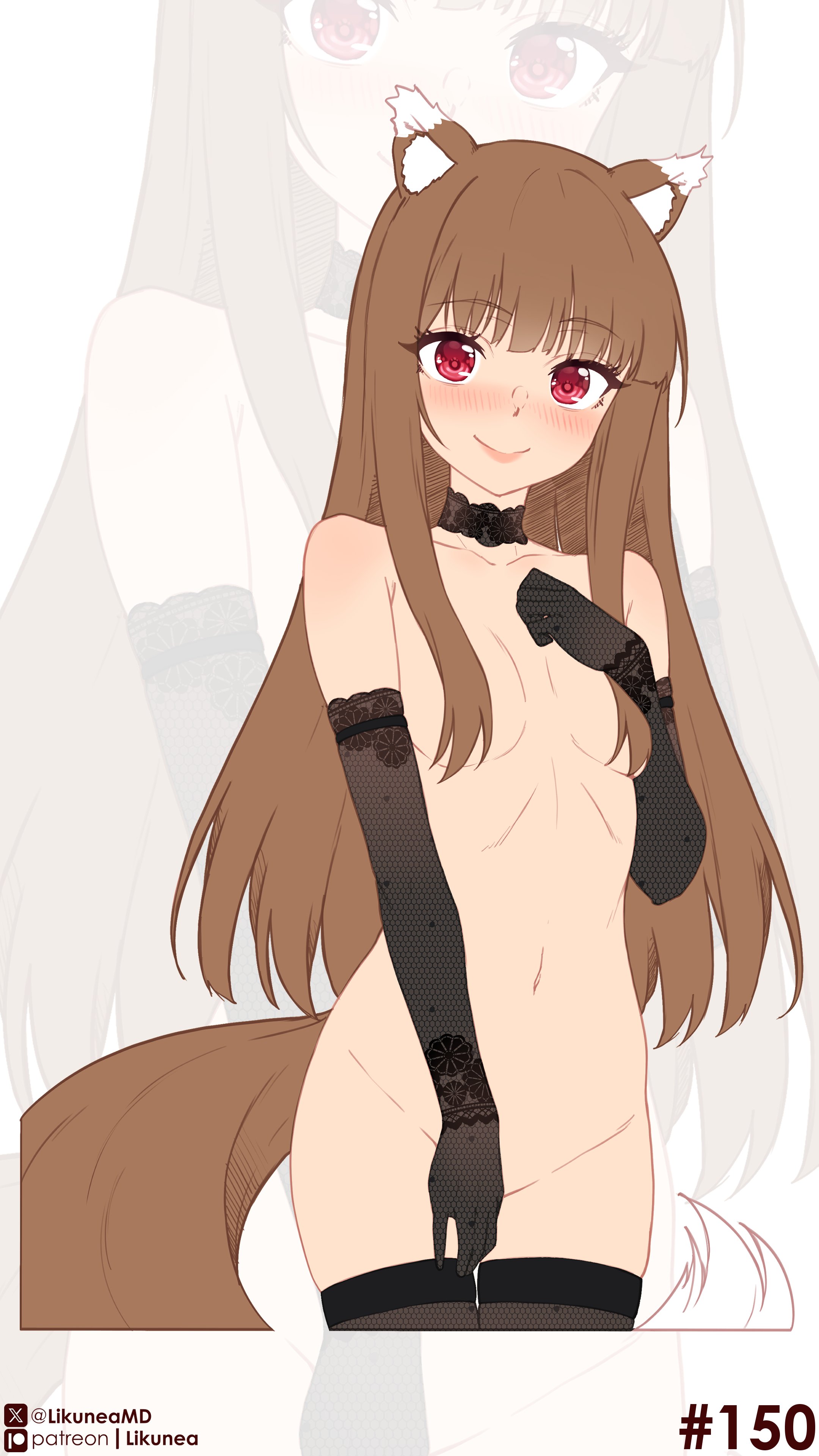 likunea, holo, spice and wolf, absurdres, commentary, english commentary, highres, 1girl, animal ears, black choker, black gloves, black thighhighs, blush, breasts, brown hair, choker, closed mouth, collarbone, completely nude, convenient censoring, elbow gloves, fang, gloves, hair censor, long hair, looking at viewer, nude, patreon logo, patreon username, simple background, small breasts, smile, tail, thighhighs, twitter username, twitter x logo, white background, wolf ears, wolf girl, wolf tail, zoom layer