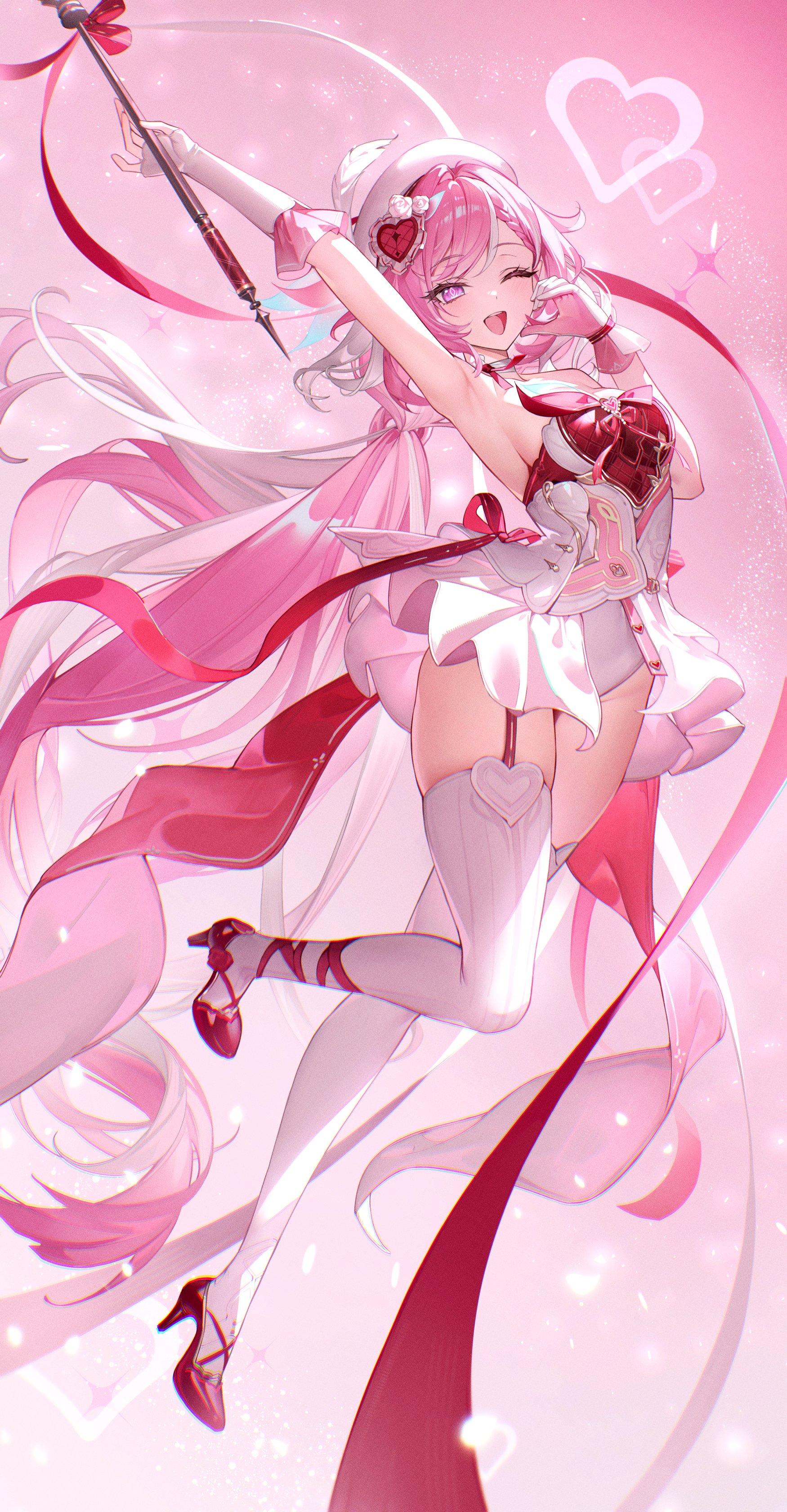 rity, elysia (hi love elf) (honkai impact), elysia (honkai impact), honkai (series), honkai impact 3rd, absurdres, commentary, highres, 1girl, :d, adapted costume, arm up, armpits, braid, braided bangs, breasts, chromatic aberration, diamond-shaped pupils, diamond (shape), full body, gloves, hair intakes, hair ornament, half-heart hands, hand up, hat, heart, heart hair ornament, high heels, leotard, long hair, looking at viewer, medium breasts, one eye closed, open mouth, pink background, pink hair, pink shoes, purple eyes, shoes, showgirl skirt, single glove, skindentation, skirt, smile, solo, symbol-shaped pupils, thighhighs, thighs, very long hair, white gloves, white hat, white leotard, white skirt, white thighhighs