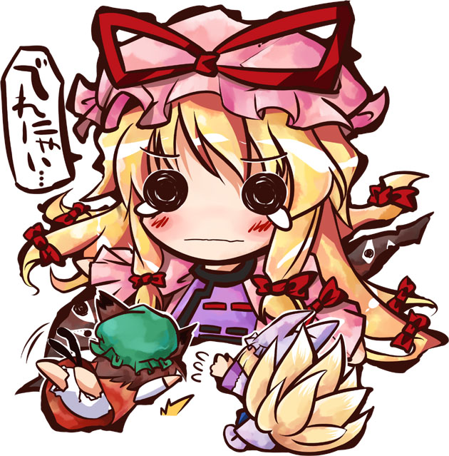 shin no, yamaguchi shinnosuke, chen, yakumo ran, yakumo yukari, touhou, translated, 3girls, animal ears, animal hat, blonde hair, bloomers, blush, bow, brown hair, cat ears, cat girl, cat tail, chibi, failure, female focus, fox tail, gap (touhou), hair bow, hair ribbon, hat, long hair, long sleeves, mob cap, multiple girls, multiple hair bows, multiple tails, ribbon, short hair, simple background, stuck, sweatdrop, tail, tears, underwear, wavy mouth, white background, wide sleeves