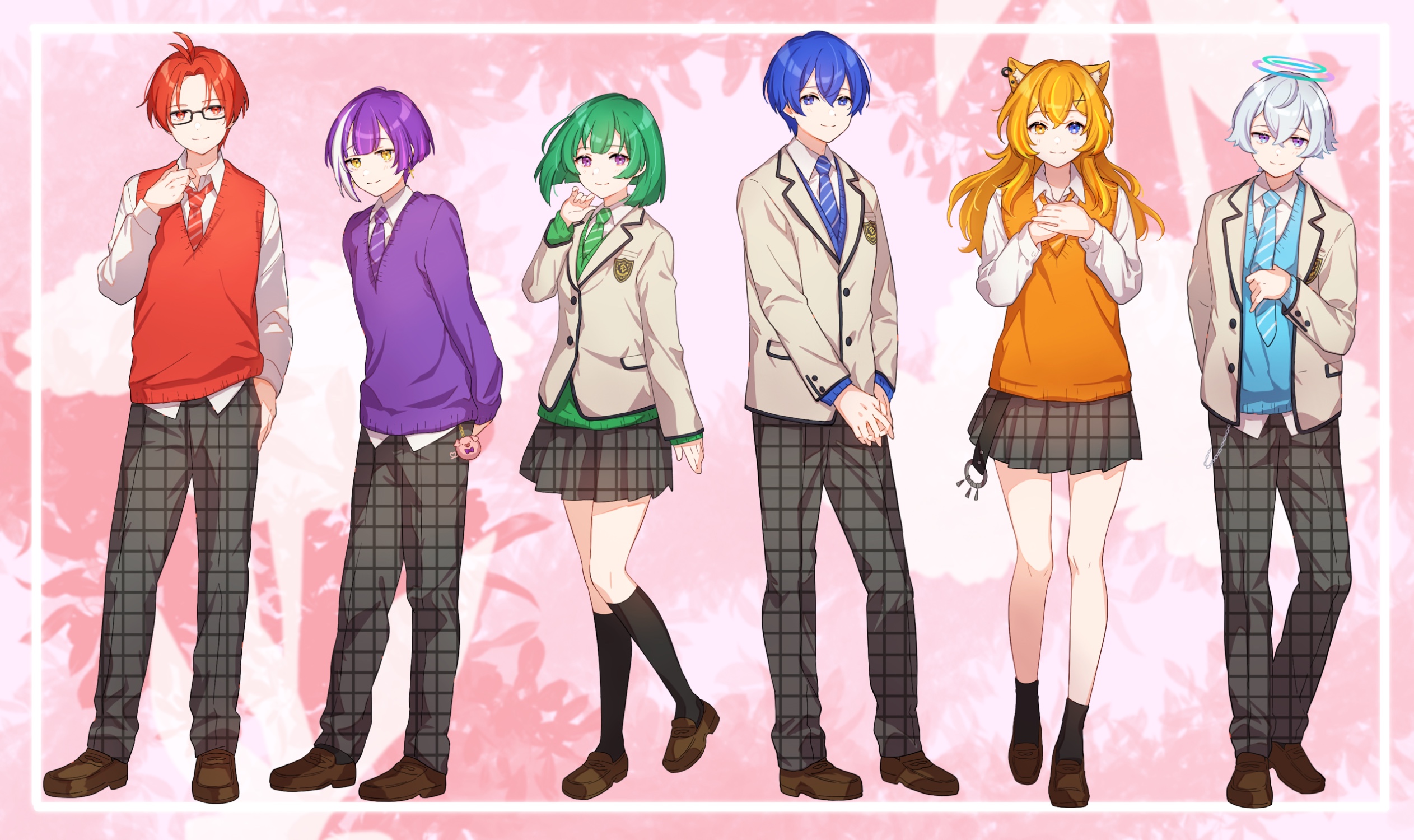 shinishi chiho, character request, commentary request, copyright request, highres, 2girls, 4boys, animal ear fluff, animal ear piercing, animal ears, antenna hair, arms behind back, black pants, black skirt, black socks, blonde streaks, blue eyes, blue hair, blue halo, blue necktie, blue sweater, brown jacket, brown shoes, buttons, cat ears, cat girl, closed mouth, collared shirt, double-parted bangs, full body, green hair, green necktie, grey hair, hair between eyes, halo, hand up, hands on own chest, heterochromia, jacket, loafers, long hair, long sleeves, looking at viewer, multicolored hair, multiple boys, multiple girls, necktie, open clothes, open jacket, orange hair, orange sweater vest, pants, pink background, pleated skirt, purple eyes, purple hair, purple necktie, purple sweater, red eyes, red hair, red necktie, red sweater vest, school uniform, shirt, shoes, short hair, skirt, smile, socks, standing, streaked hair, striped necktie, sweater, sweater vest, two-tone hair, unmoving pattern, white hair, white shirt, wing collar, yellow eyes