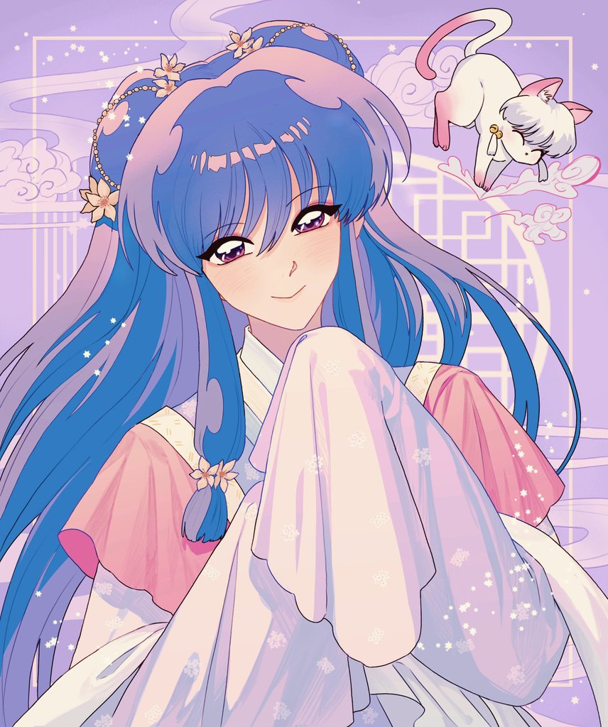 shampoo (cat), shampoo (ranma 1/2), ranma 1/2, commentary, korean commentary, 1girl, bell, cat, chinese clothes, closed eyes, closed mouth, double bun, dual persona, eyeliner, flower, hair bell, hair bun, hair flower, hair ornament, head tilt, jigyeon, long hair, looking at viewer, makeup, pink fur, purple background, purple eyeliner, purple eyes, purple hair, sidelocks, sleeves past fingers, sleeves past wrists, smile, solo focus, upper body