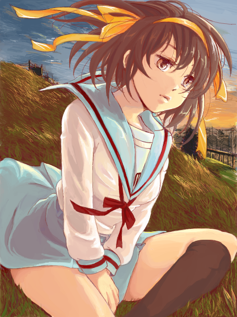 cika, suzumiya haruhi, suzumiya haruhi no yuuutsu, bad id, bad pixiv id, 00s, brown eyes, brown hair, hairband, school uniform, serafuku, short hair, solo