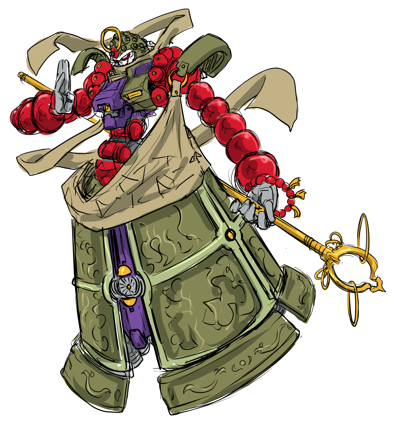 ledjoker07, g gundam, gundam, commentary request, highres, alternate form, bead bracelet, beads, bracelet, holding, holding weapon, jewelry, joints, mandala gundam, mecha, mobile suit, no humans, no pupils, prayer beads, robot, robot joints, science fiction, shakujou, simple background, sketch, solo, staff, thrusters, v-fin, weapon, white background, yellow eyes