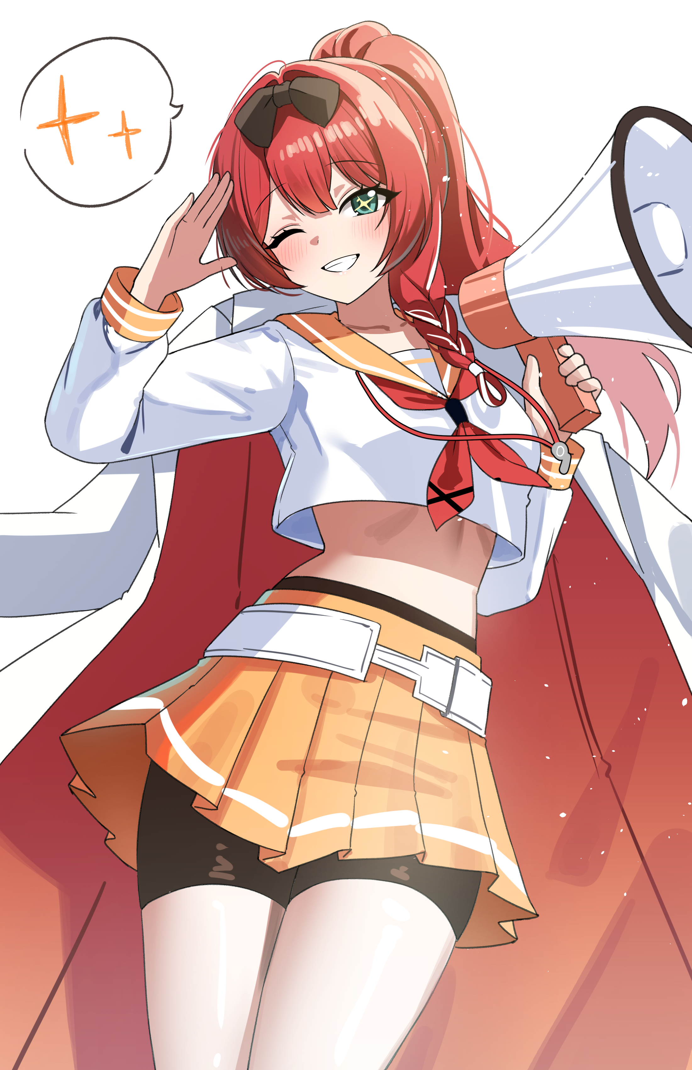 suisen (suisenhwa), justyna (black survival), black survival, eternal return: black survival, absurdres, highres, 1girl, belt, bike shorts, black shorts, bow, breasts, coat, coat on shoulders, cowboy shot, crop top, crop top overhang, green eyes, grin, hair bow, hand up, holding, holding megaphone, justyna (prefect) (black survival), long hair, long sleeves, looking at viewer, megaphone, midriff, miniskirt, official alternate costume, one eye closed, orange sailor collar, orange skirt, pleated skirt, ponytail, red hair, sailor collar, school uniform, serafuku, shirt, shorts, shorts under skirt, simple background, skirt, small breasts, smile, solo, sparkling eyes, thighs, white background, white coat, white shirt