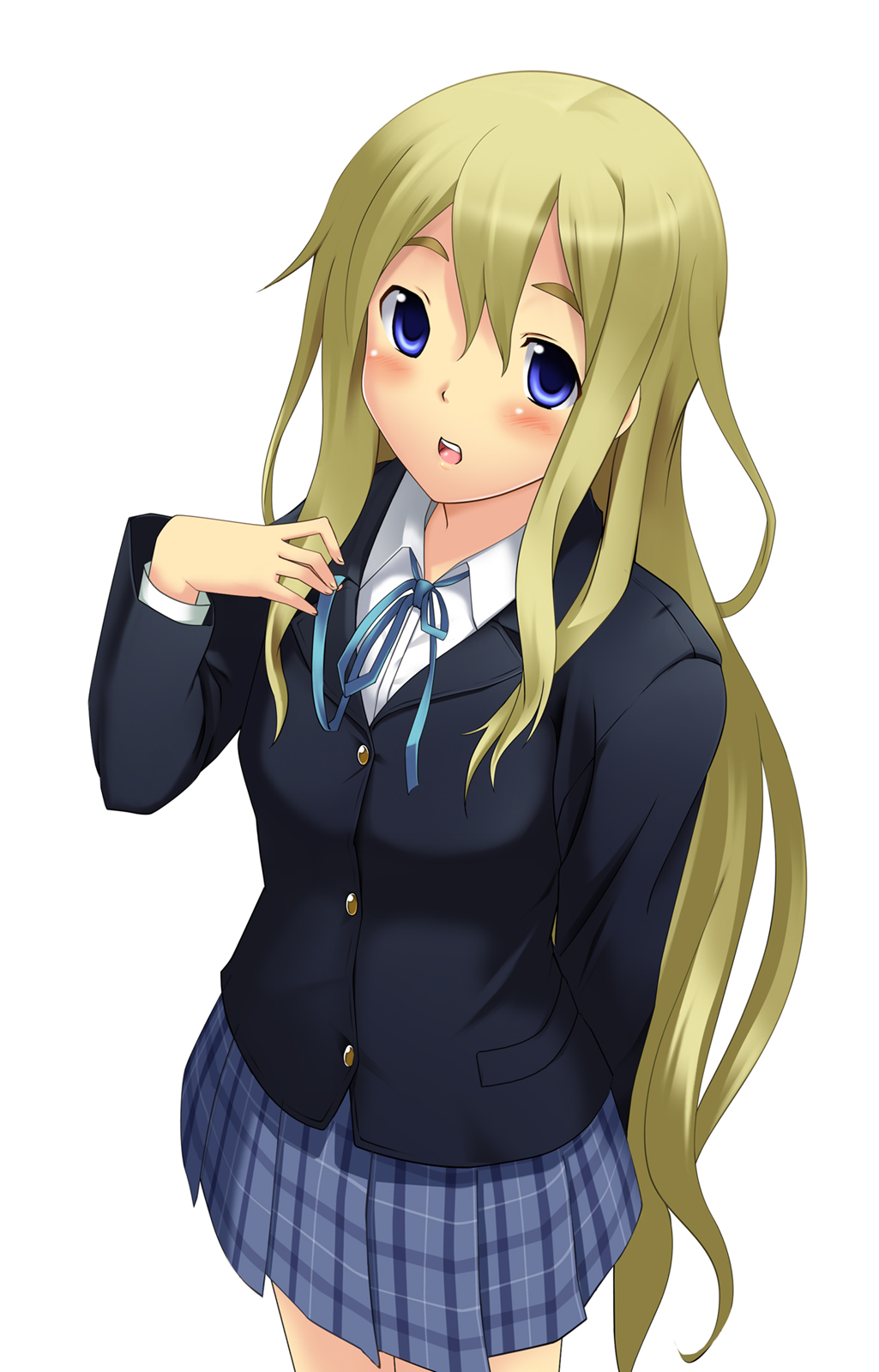 koikeya, kotobuki tsumugi, k-on!, bad id, bad pixiv id, highres, 00s, 1girl, blonde hair, blue eyes, female focus, long hair, school uniform, simple background, solo