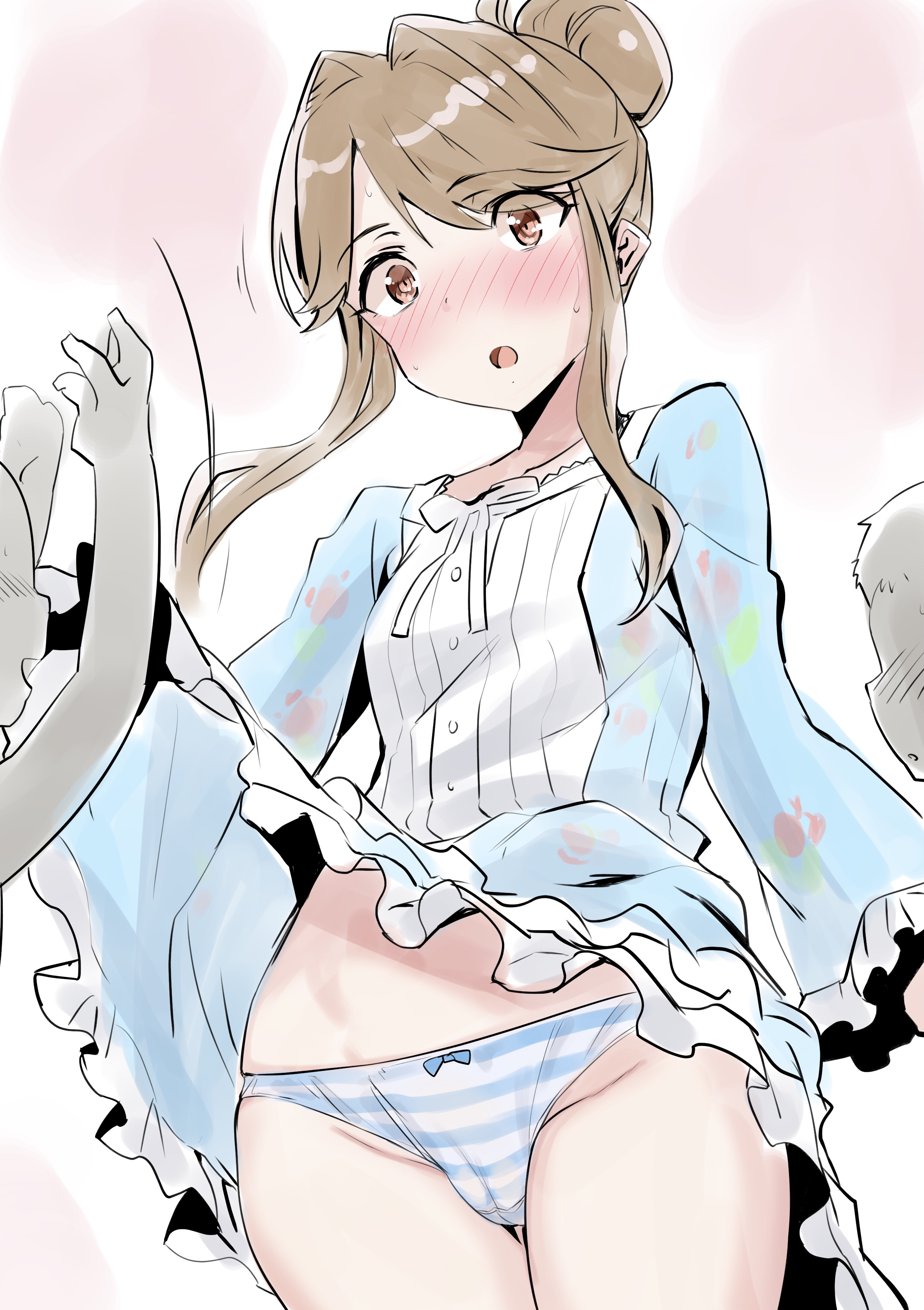 echihiro, tenkuubashi tomoka, idolmaster, idolmaster million live!, absurdres, highres, 1girl, :o, blue panties, blue skirt, blush, bow, breasts, brown hair, cameltoe, faceless, faceless male, hair bow, hair intakes, panties, pantyshot, sidelocks, skirt, skirt flip, small breasts, striped clothes, striped panties, sweatdrop, underwear, white background
