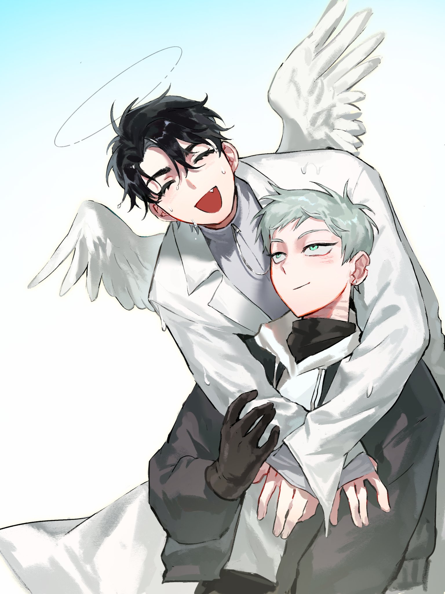 ivan (alien stage), till (alien stage), alien stage, commentary, english commentary, highres, 2boys, angel, angel wings, aqua eyes, arms around neck, black gloves, black hair, black jacket, black shirt, closed eyes, closed mouth, coat, fang, gloves, grey hair, grey shirt, halo, hood, hoodie, jacket, looking at another, looking up, male focus, multiple boys, open mouth, scar, scar on neck, shirt, short hair, smile, turtleneck, turtleneck shirt, very short hair, white coat, white hoodie, white wings, wings, z1111zoey1