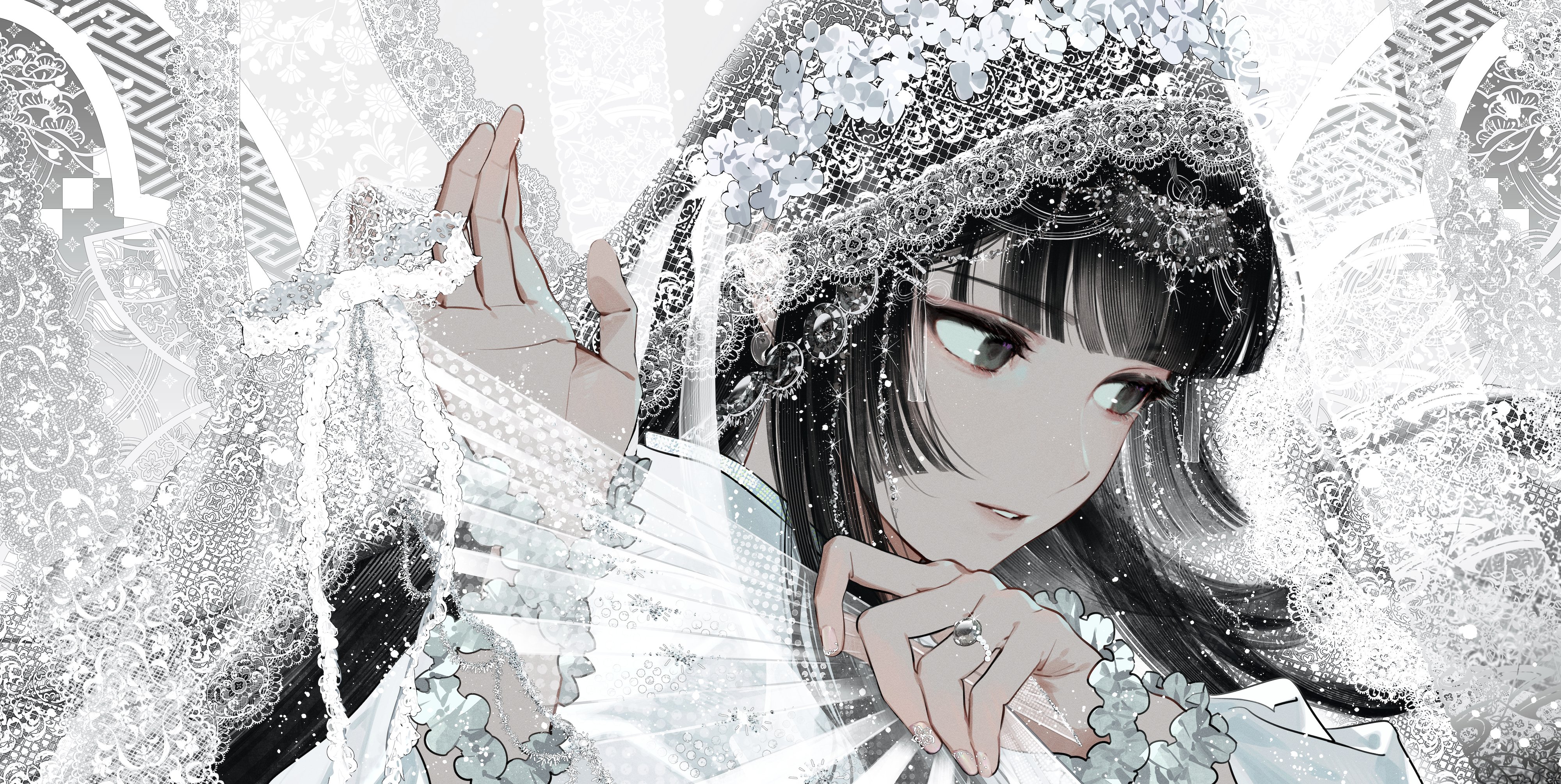 kazari tayu, original, absurdres, commentary, highres, 1girl, black eyes, black hair, blunt bangs, dress, expressionless, eyelashes, flower, flower hairband, folding fan, frilled wrist cuffs, frills, hair flower, hair ornament, hand fan, holding, holding fan, jewelry, lace, lace-trimmed fan, lace ribbon, lace veil, long hair, looking to the side, parted lips, portrait, ring, sidelocks, solo, straight hair, veil, wedding ring, white dress, white flower, white theme, white veil, wrist cuffs