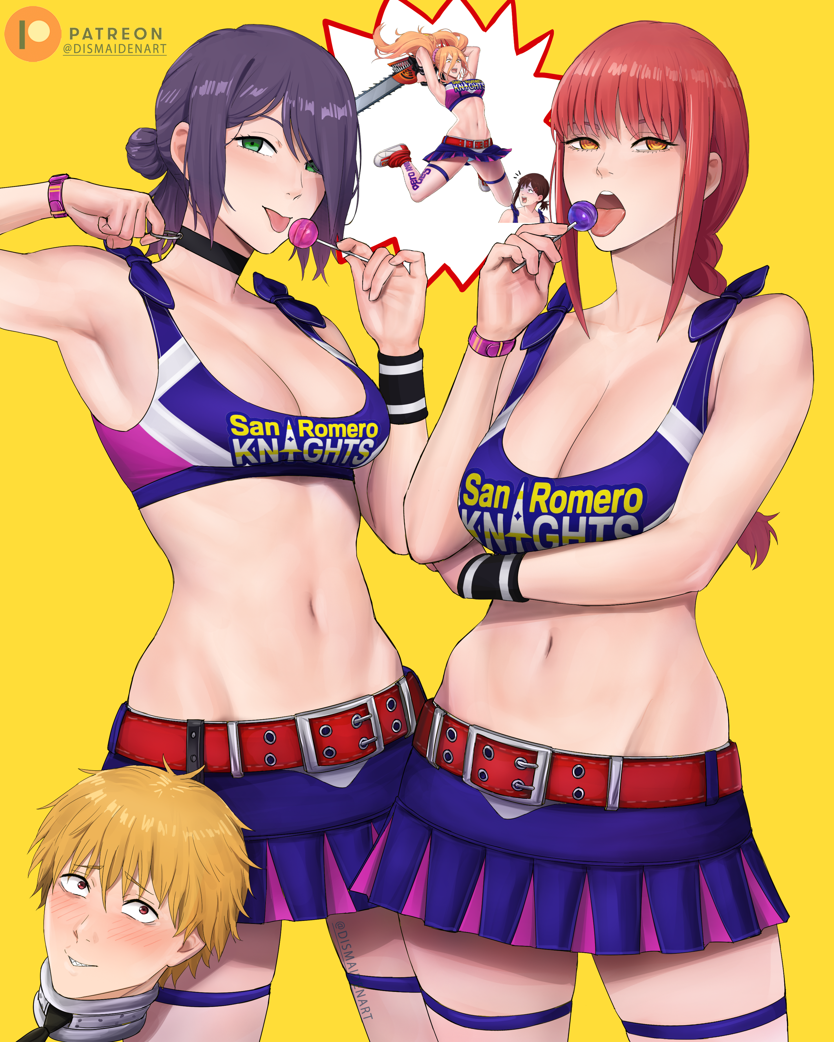 dismaiden, denji (chainsaw man), hayakawa aki, higashiyama kobeni, makima (chainsaw man), power (chainsaw man), chainsaw man, lollipop chainsaw, absurdres, commentary, english commentary, highres, 1boy, 4girls, armpits, artist name, belt, black choker, blonde hair, blush, braid, braided ponytail, breasts, candy, choker, cleavage, clothes writing, cosplay, food, holding, holding candy, holding food, holding lollipop, large breasts, leg warmers, lollipop, long hair, looking at viewer, miniskirt, multiple girls, navel, panties, patreon logo, patreon username, purple hair, red belt, red hair, ringed eyes, severed head, shoes, simple background, skirt, thighs, tongue, tongue out, twitter username, underwear, yellow background