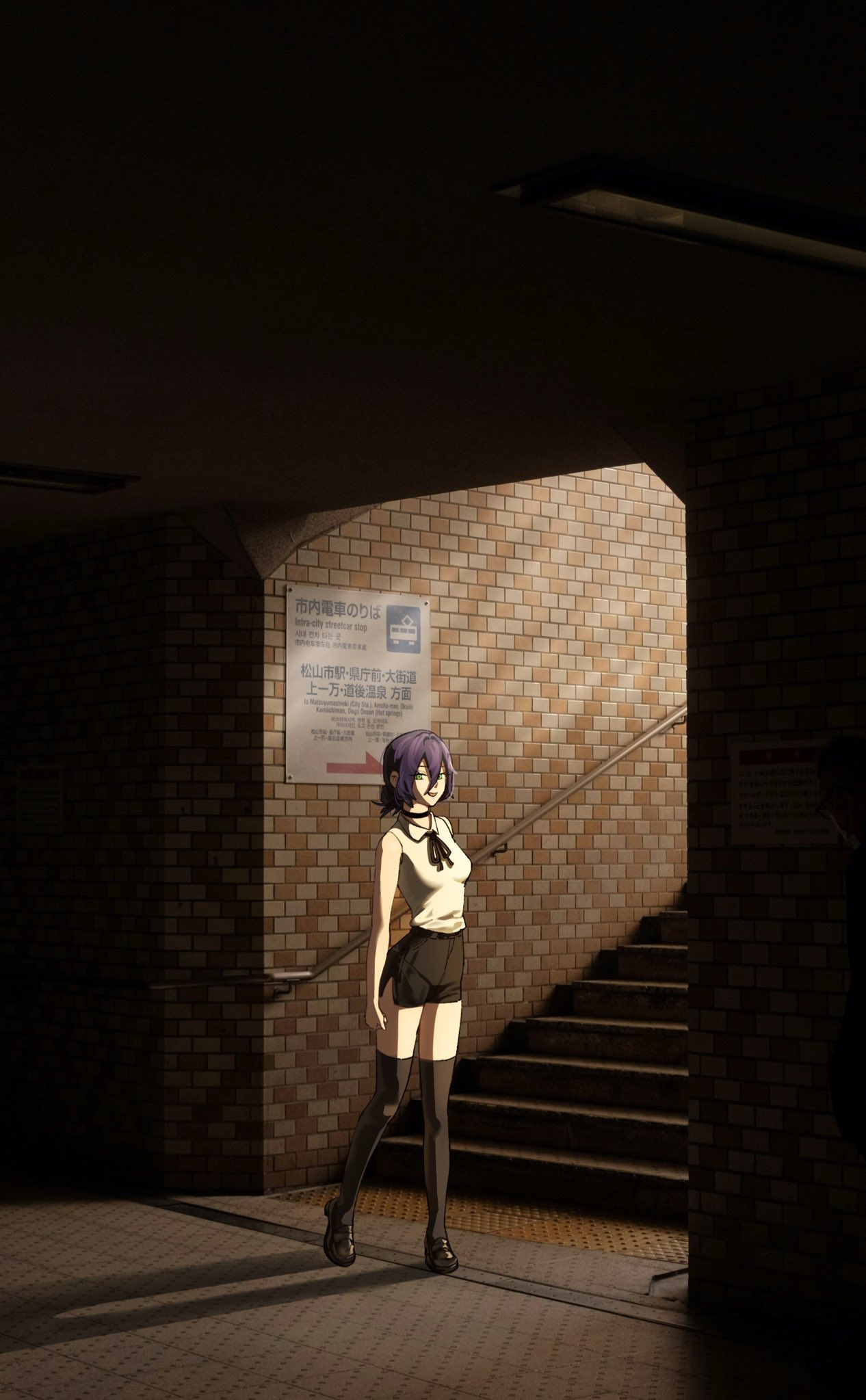 moti1250, reze (chainsaw man), chainsaw man, commentary, highres, 1girl, black choker, black ribbon, black shoes, black shorts, black thighhighs, brick wall, choker, collared shirt, full body, green eyes, hair between eyes, hair bun, indoors, long hair between eyes, neck ribbon, open mouth, ribbon, shirt, shoes, shorts, sign, single hair bun, sleeveless, sleeveless shirt, solo, stairs, standing, subway, subway station, thighhighs, white shirt, zettai ryouiki