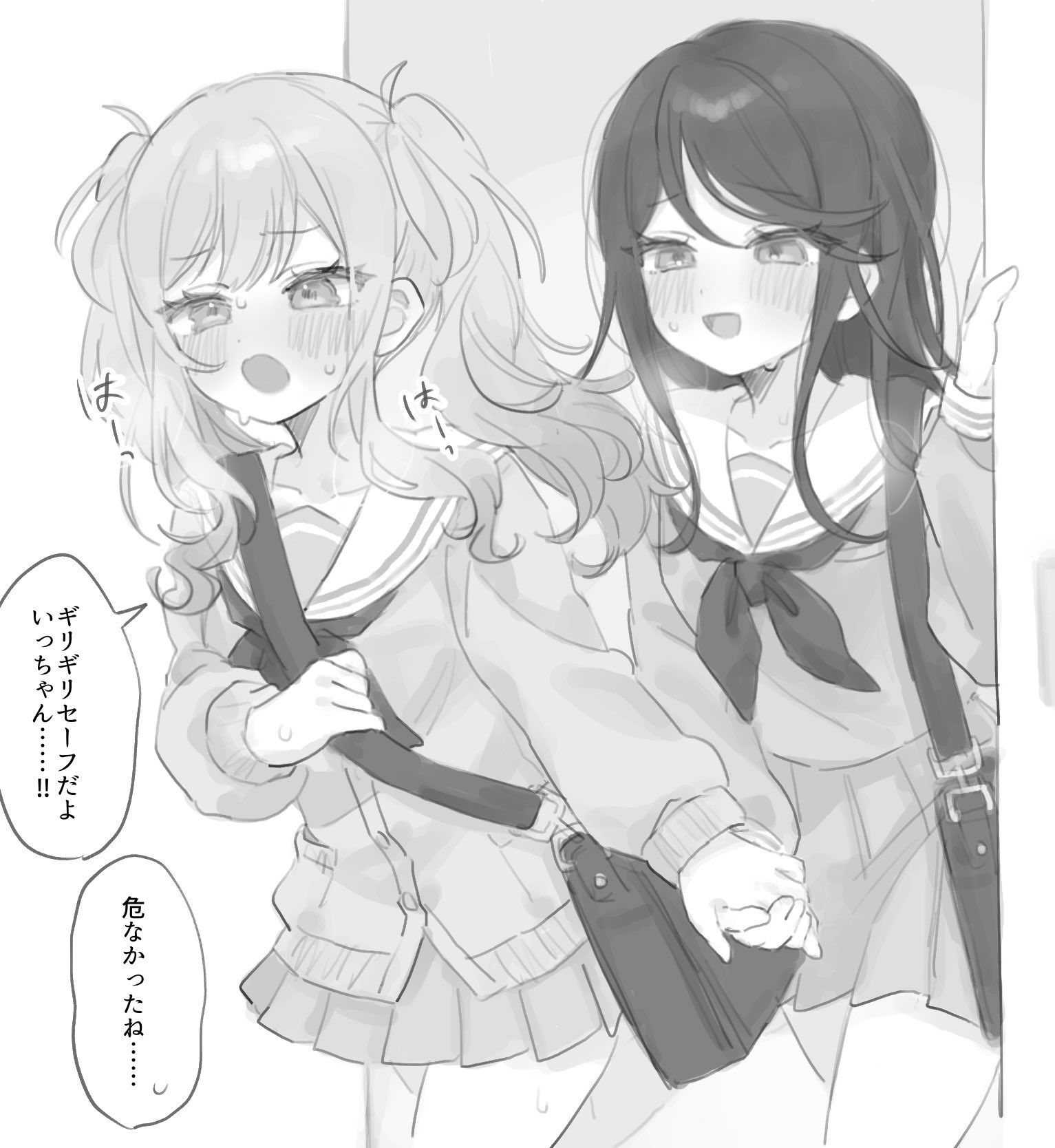 mu ri003, hoshino ichika (project sekai), tenma saki, project sekai, commentary, highres, translated, 2girls, bag, blush, breath, dot nose, greyscale, heavy breathing, long hair, long sleeves, miyamasuzaka girls' academy school uniform, monochrome, multiple girls, neckerchief, open mouth, pleated skirt, sailor collar, school bag, school uniform, serafuku, shoulder bag, skirt, speech bubble, sweat, twintails