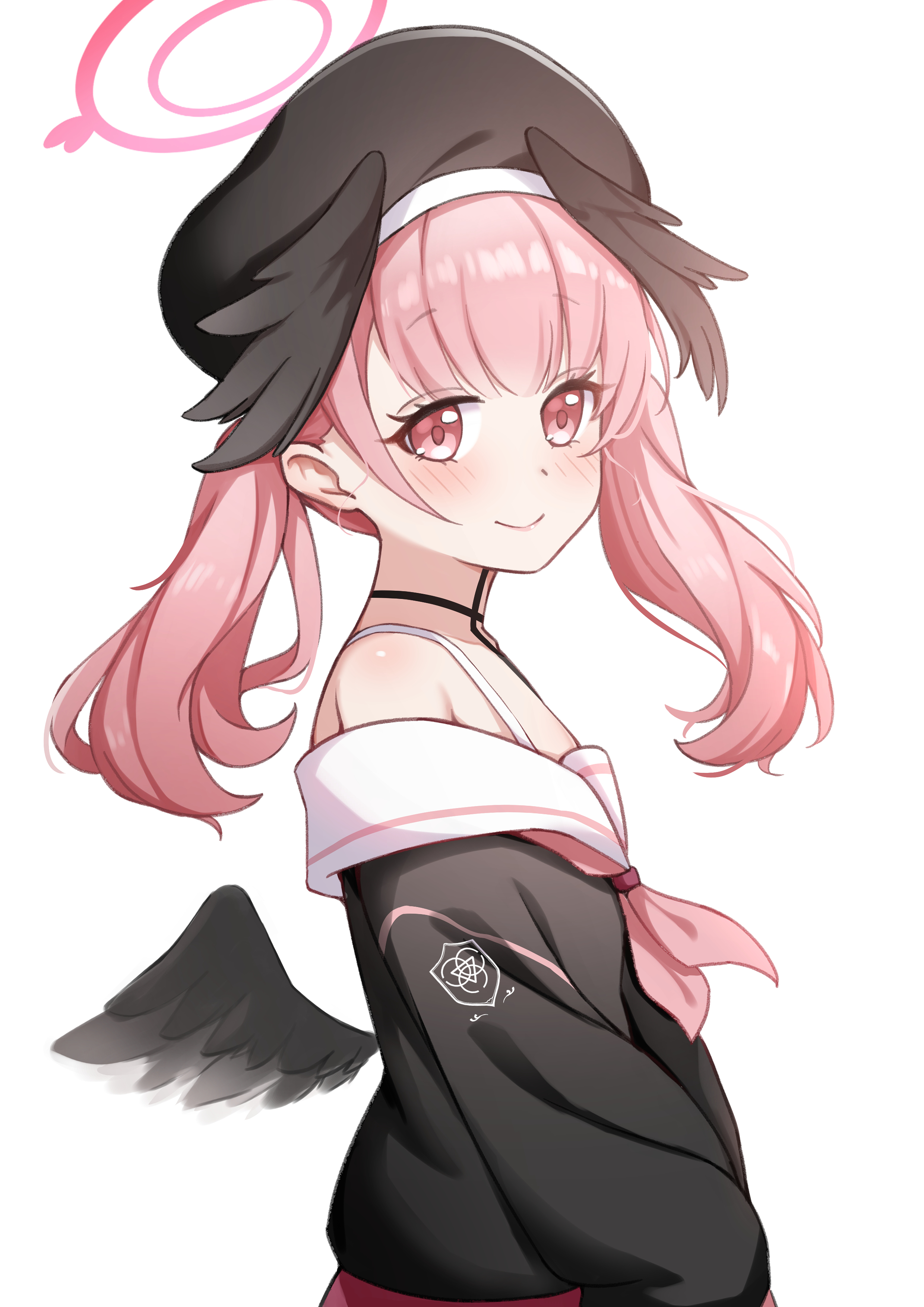 daoyan, koharu (blue archive), blue archive, absurdres, chinese commentary, commentary request, highres, partial commentary, 1girl, bare shoulders, beret, black choker, black hat, black shirt, black wings, blush, choker, closed mouth, collarbone, eyelashes, feathered wings, flat chest, from side, hair between eyes, halo, hat, head wings, lips, long hair, long sleeves, looking at viewer, low wings, neckerchief, pink eyes, pink hair, pink neckerchief, red halo, sailor collar, school uniform, serafuku, shirt, simple background, smile, solo, trinity general school logo, twintails, upper body, white background, white sailor collar, wings