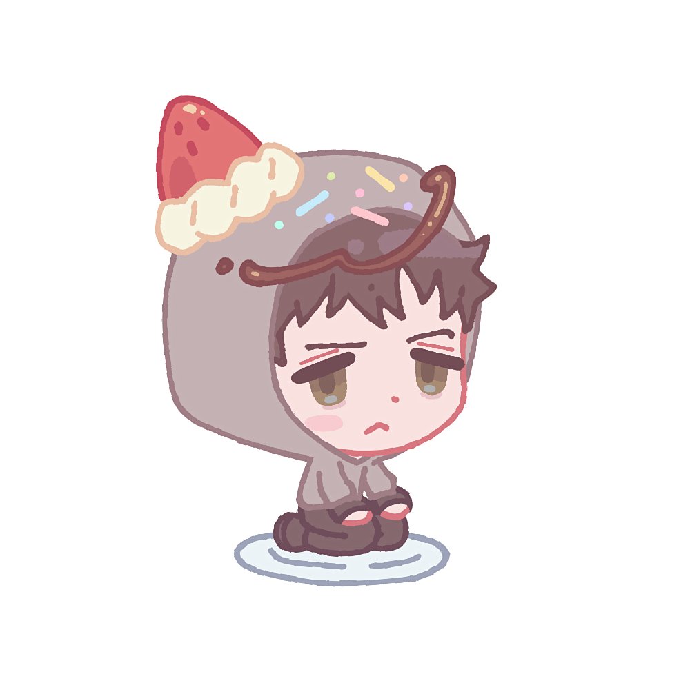 jo4hedan, simon henriksson, cry of fear, commentary request, korean commentary, 1boy, :<, black eyes, black hair, chibi, chibi only, chocolate syrup, food, food-themed hat, fruit, full body, grey hoodie, hood, hood up, hoodie, male focus, plate, seiza, short hair, sitting, solo, sprinkles, strawberry, whipped cream
