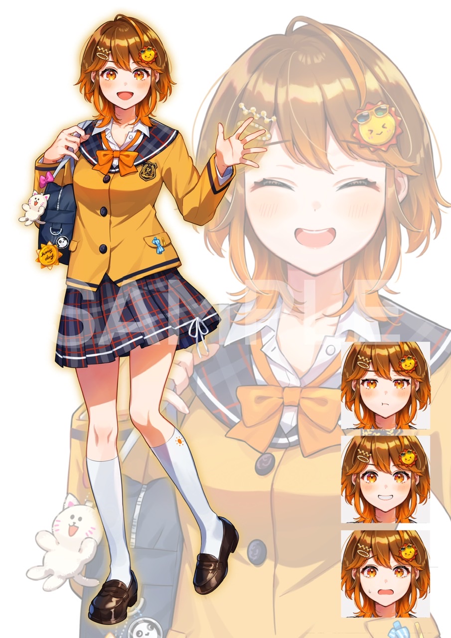 shinishi chiho, iriam, commentary request, highres, official art, 1girl, :d, ^ ^, bag, blue sailor collar, blue skirt, blush, bow, bowtie, breasts, brown hair, brown shoes, buttons, charm (object), closed eyes, different zoom layer, full body, hair ornament, hairclip, hareta himari, jacket, kneehighs, loafers, long sleeves, looking at viewer, medium breasts, multicolored hair, multiple expressions, open mouth, orange bow, orange bowtie, orange eyes, orange jacket, plaid clothes, plaid sailor collar, plaid skirt, pleated skirt, sailor collar, sample watermark, school bag, school uniform, shoes, short hair, skirt, smile, socks, standing, standing on one leg, streaked hair, sun hair ornament, teeth, two-tone hair, upper teeth only, virtual youtuber, watermark, white socks, wing collar, zoom layer