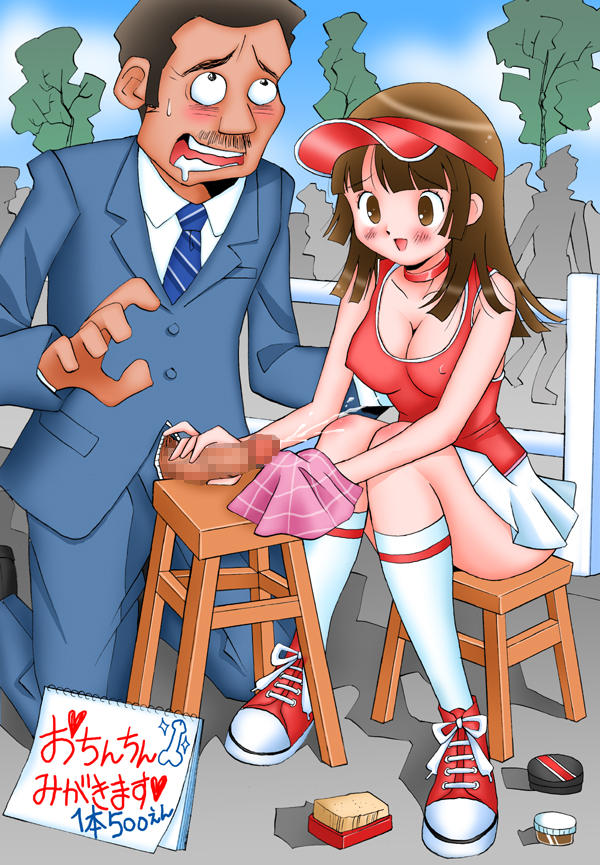 natsumezaka sorekara, white legwear, translated, 1boy, 1girl, blush, breasts, brown eyes, brown hair, business suit, censored, choker, cleavage, cum, ejaculation, fence, formal clothes, handjob, handkerchief, happy, hat, hetero, kneeling, knees together feet apart, long hair, matching hair/eyes, medium breasts, miniskirt, mosaic censoring, no bra, outdoors, penis, pleated skirt, price, prostitution, public indecency, rolling eyes, shoes, short hair, sign, sitting, skirt, smile, sneakers, socks, stool, suit, sweat, tank top, tree, visor cap, white skirt