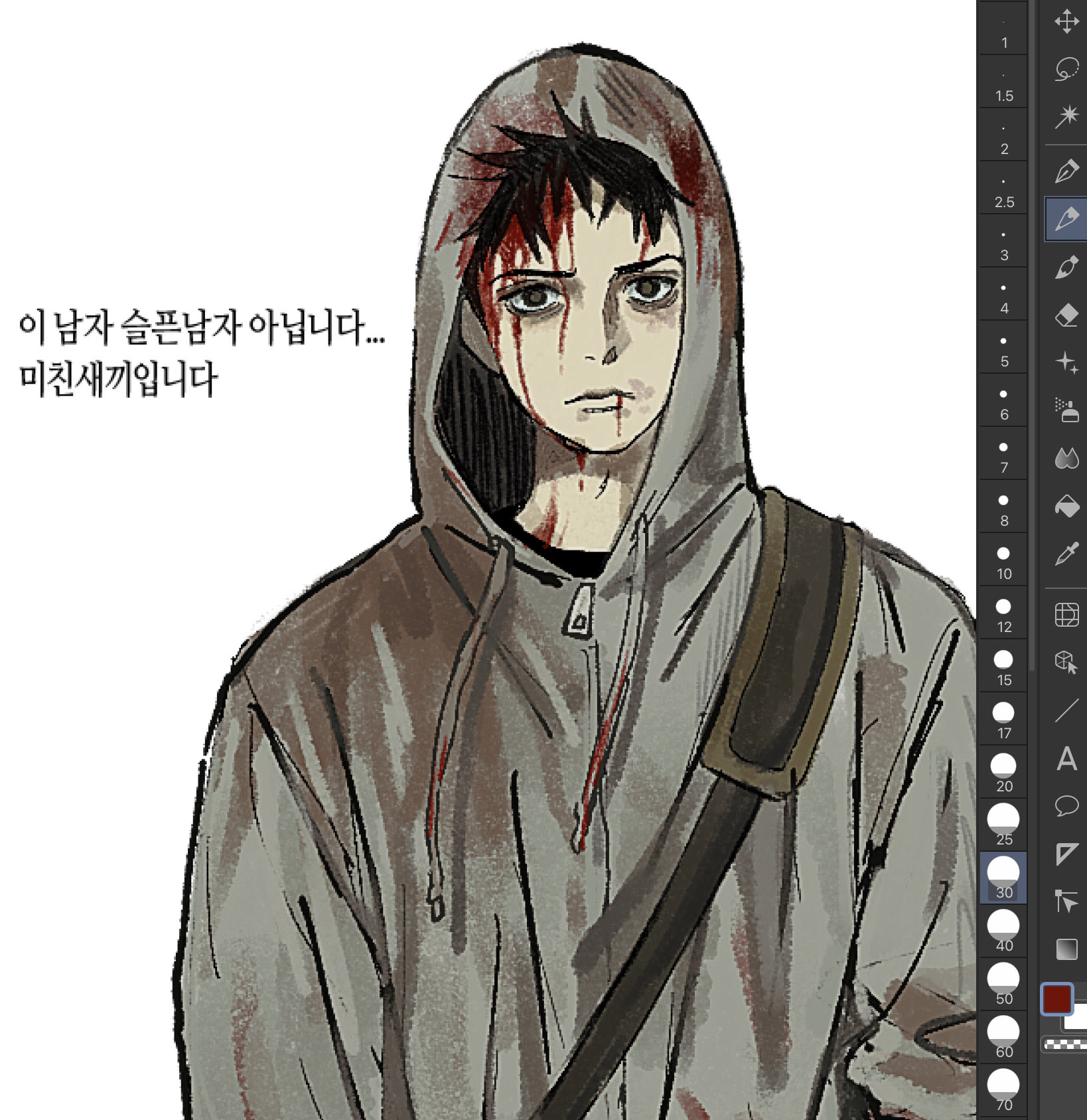 jo4hedan, simon henriksson (book), cry of fear, screencap, hashtag-only commentary, highres, translation request, 1boy, art program in frame, bags under eyes, black eyes, black hair, blood, blood from forehead, blood from mouth, blood on clothes, blood on face, expressionless, grey hoodie, hood, hood up, hoodie, korean text, looking at viewer, male focus, short hair, solo, upper body
