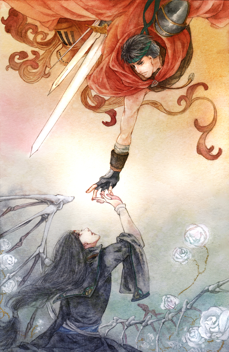 ike (fire emblem), soren (fire emblem), fire emblem, fire emblem: radiant dawn, nintendo, commentary request, highres, 2boys, armor, black hair, blue hair, capelet, flower, green headband, headband, long hair, male focus, multiple boys, pauldrons, senehrio, short hair, shoulder armor, single pauldron, sword, very long hair, weapon, white flower