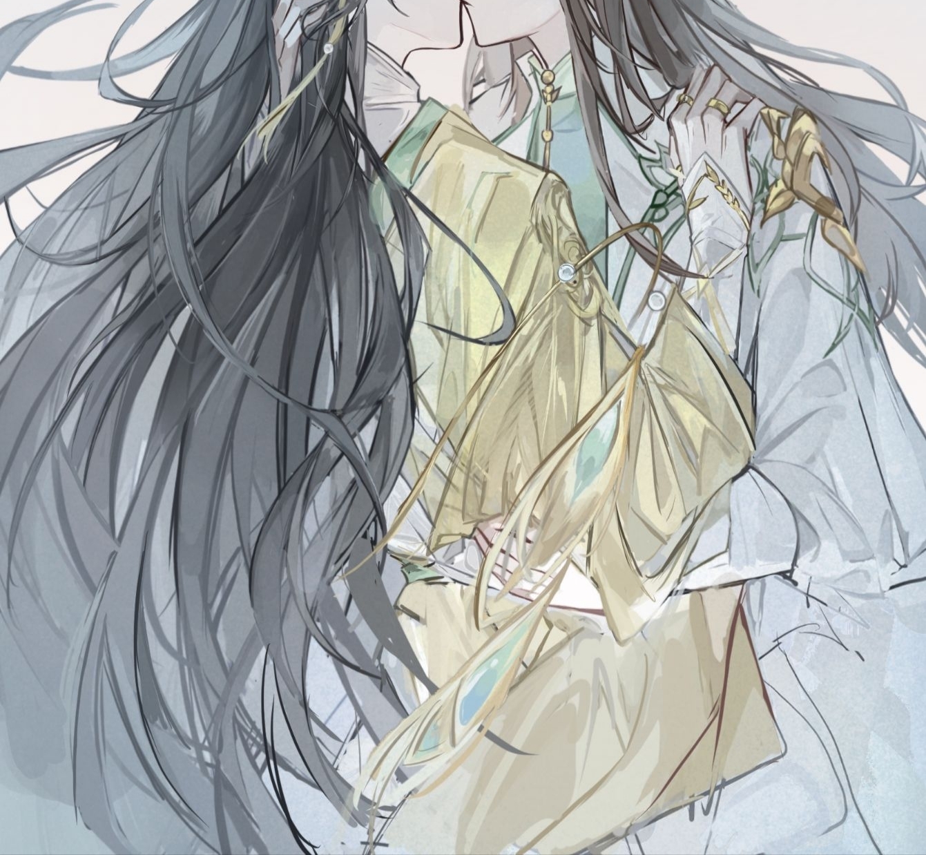 hua yi shanxin zhiyue, chinese commentary, highres, 2boys, aqua shirt, black hair, brown hair, chinese clothes, closed mouth, cnderg, cowboy shot, earrings, hand in another's hair, hand on another's hip, hand on another's shoulder, hanfu, head out of frame, jewelry, kiss, layered sleeves, long hair, long sleeves, male focus, mandarin collar, multiple boys, multiple rings, ring, robe, shirt, simple background, sleeves past wrists, tassel, tassel earrings, the prince (hua yi shanxin zhiyue), very long hair, white background, white hanfu, white robe, white shirt, wide sleeves, xuan wangjun, yaoi, yellow hanfu, yellow robe