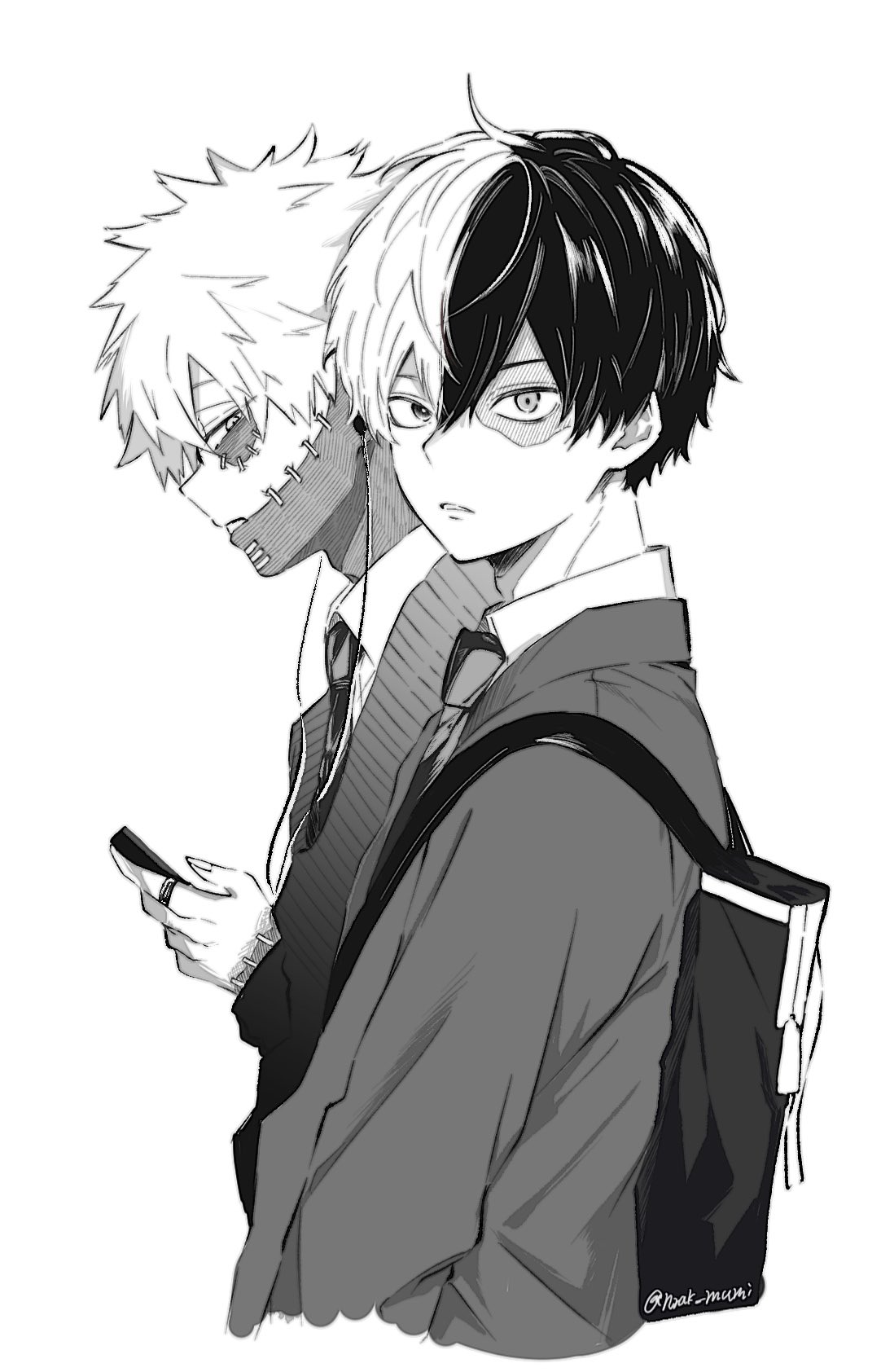 hrak mumi, todoroki shoto, todoroki touya, boku no hero academia, commentary request, highres, 2boys, backpack, bag, brothers, burn scar, cellphone, collared shirt, fingernails, from side, greyscale, holding, holding phone, jewelry, looking at viewer, male focus, monochrome, multicolored hair, multiple boys, necktie, parted lips, phone, ring, scar, scar on face, shirt, siblings, simple background, smartphone, split-color hair, stapled face, sweater, teeth, twitter username, white background