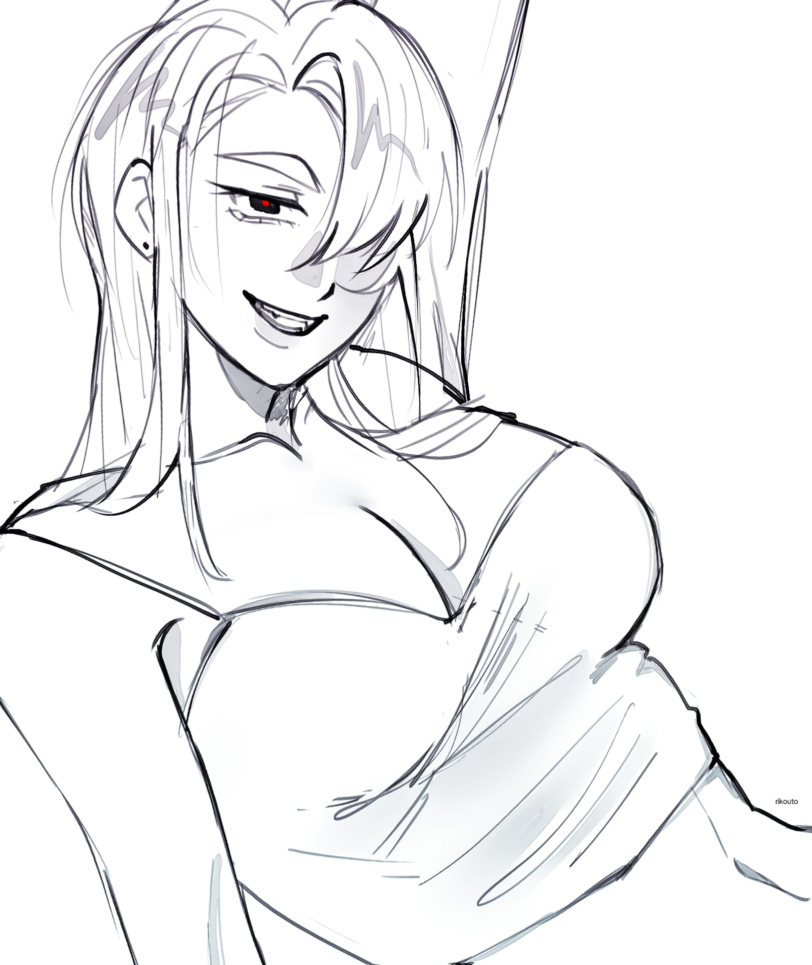 ivan (alien stage), alien stage, commentary, english commentary, highres, 1girl, artist name, breasts, camisole, cleavage, crop top, genderswap, genderswap (mtf), hair over one eye, large breasts, long hair, navel, open mouth, red pupils, rikouto, smile, solo, spot color