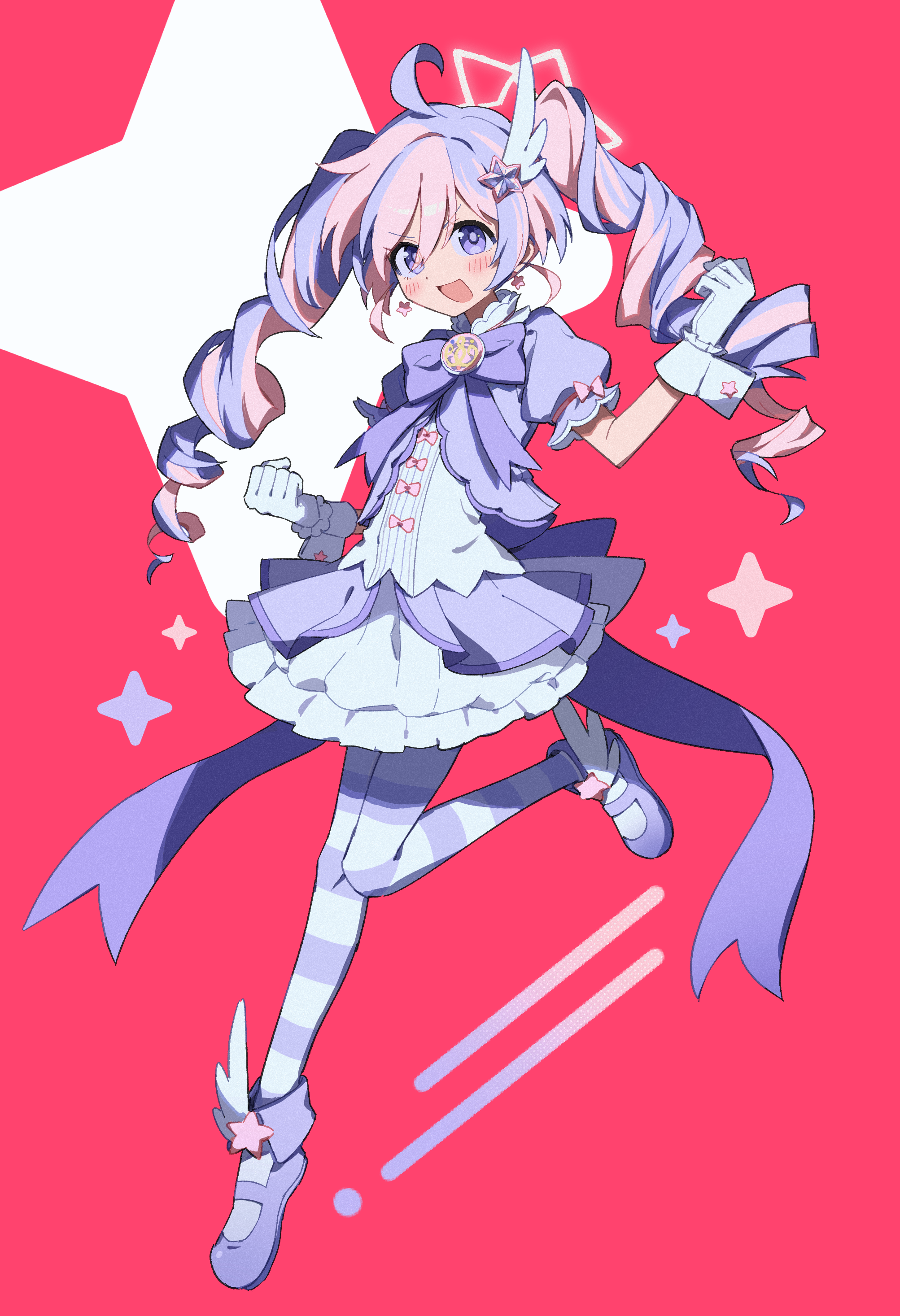 melvi0, reisa (blue archive), reisa (magical) (blue archive), blue archive, absurdres, commentary request, highres, 1girl, ahoge, bow, bowtie, drill hair, full body, gloves, hair ornament, halo, long hair, magical girl, multicolored hair, open mouth, pantyhose, pink hair, puffy short sleeves, puffy sleeves, purple bow, purple bowtie, purple eyes, purple hair, purple shoes, red background, shoes, short sleeves, simple background, solo, star (symbol), star hair ornament, star halo, striped clothes, striped pantyhose, twin drills, twintails, two-tone hair, white gloves, wing hair ornament