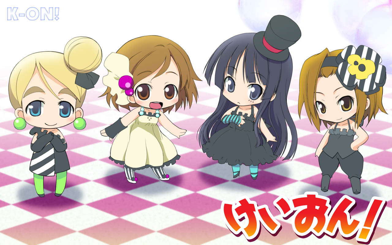 kikujin, akiyama mio, hirasawa yui, kotobuki tsumugi, tainaka ritsu, don't say "lazy", k-on!, eyebrows, striped legwear, vertical-striped legwear, 00s, 4girls, bare shoulders, black eyes, black hair, blonde hair, blue eyes, blue pantyhose, blunt bangs, brown eyes, brown hair, chibi, dress, earrings, elbow gloves, facepaint, fingerless gloves, frills, gloves, green pantyhose, hair bun, hair ornament, hat, hime cut, ho-kago tea time, jewelry, long hair, mini hat, mini top hat, multiple girls, pantyhose, short hair, single hair bun, striped clothes, striped pantyhose, top hat, vertical-striped clothes, vertical-striped pantyhose