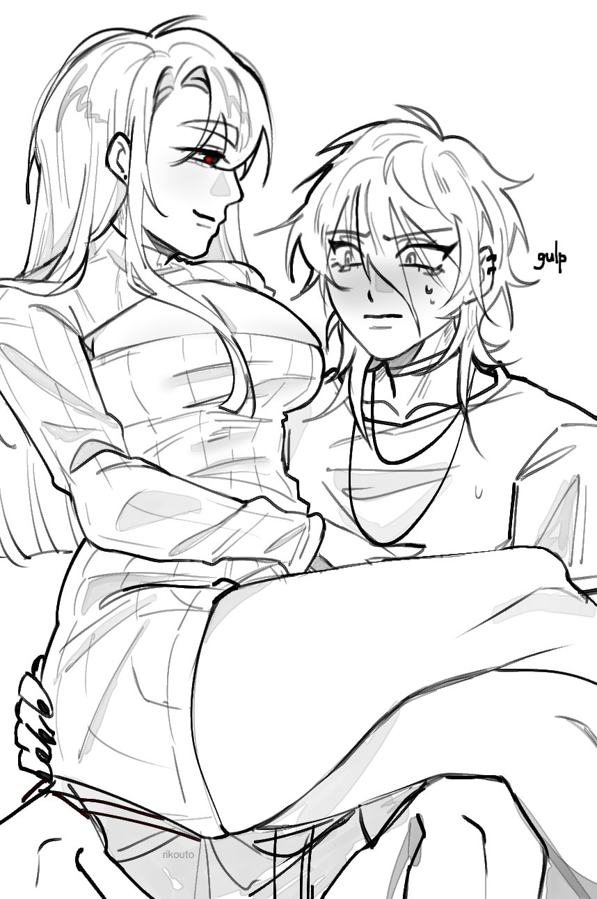 ivan (alien stage), till (alien stage), alien stage, gulping, commentary, english commentary, highres, 2girls, breasts, choker, dress, ear piercing, genderswap, genderswap (mtf), large breasts, long hair, multiple girls, piercing, red pupils, rikouto, shirt, shrug (clothing), sitting, sitting on lap, sitting on person, spot color, sweater, sweater dress, yuri