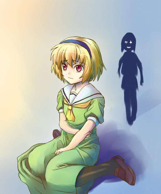 iiru, houjou satoko, ryuuguu rena, higurashi no naku koro ni, bad id, bad pixiv id, + +, 00s, 2girls, blonde hair, dress, hairband, multiple girls, pantyhose, red eyes, sailor dress, skirt, you gonna get raped