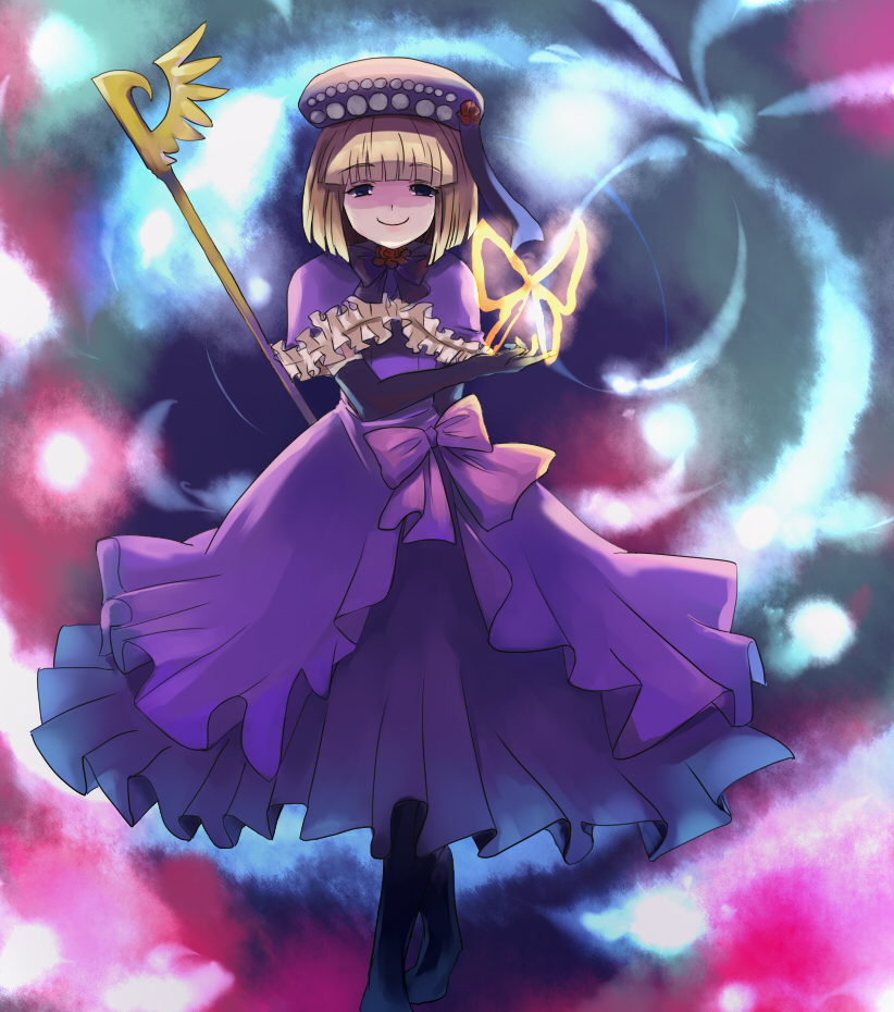 iiru, eva beatrice, umineko no naku koro ni, bad id, bad pixiv id, 00s, 1girl, bow, bug, butterfly, dress, elbow gloves, female focus, gloves, hat, insect, pink bow, solo, thighhighs, wand